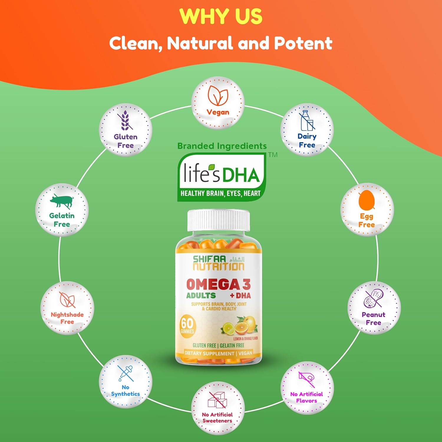SHIFAA NUTRITION Vegan Omega 3 Gummies for Adults | No Fish Oil Burps | 60 Gummies | Plant Based w/Chia Oil, Algae | Omega 3 6 9 w/DHA, Vitamin C | for Brain, Cardiovascular & Immune Support Halal