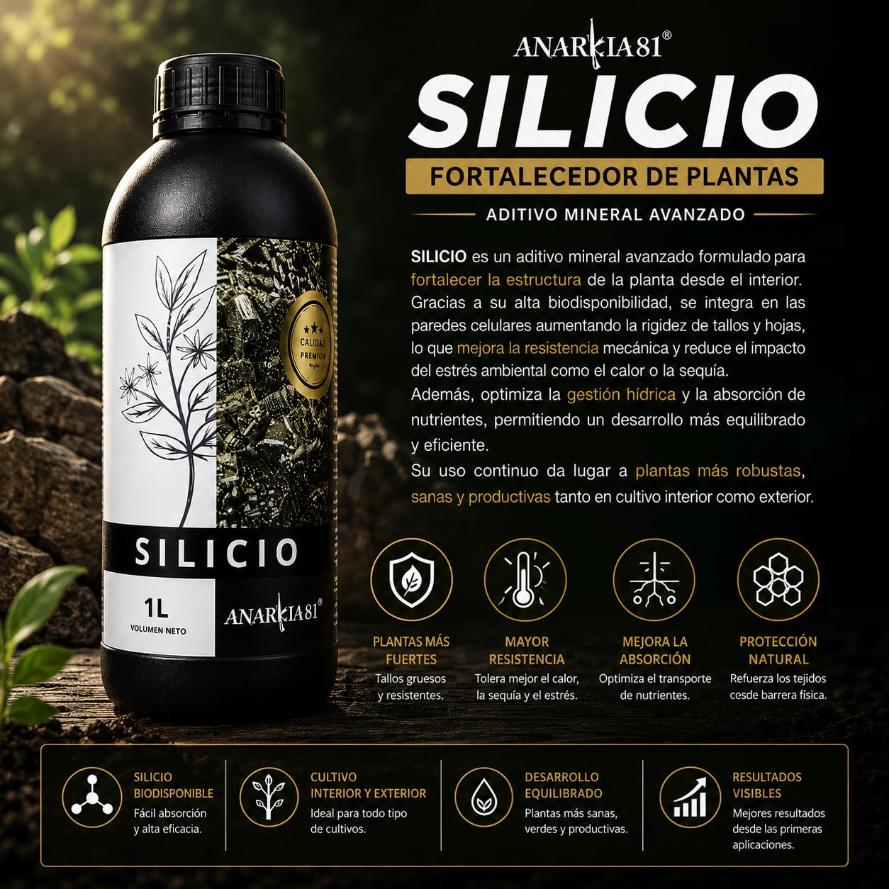 SILICIO 500 ml – Fortalecedor de Plantas con Silicio Aditivo Mineral para Tallos Fuertes Resistencia al Calor y Estrés Cultivo Interior y Exterior - Anarkia81