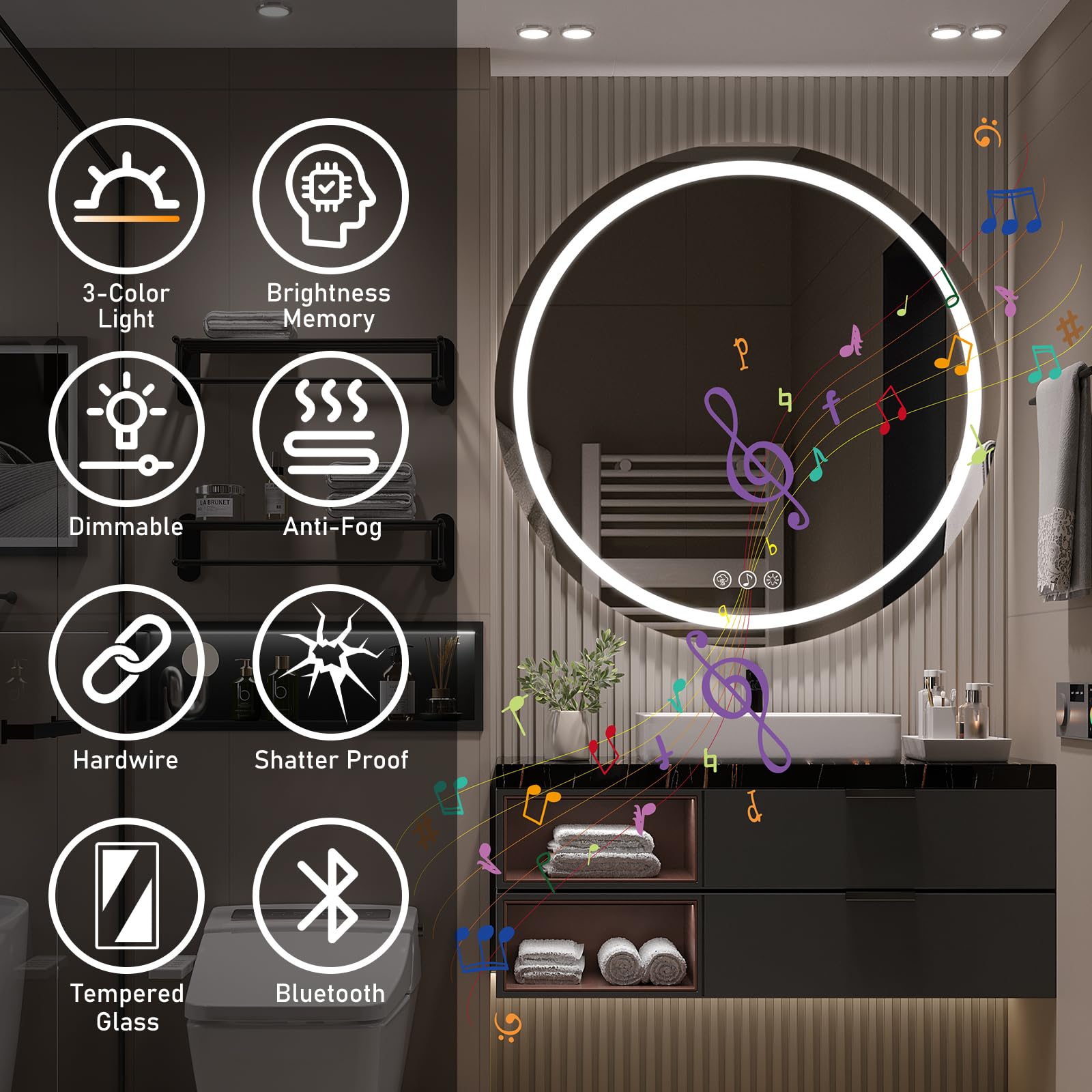 Ratsamee Bluetooth Espejo Baño con Luz Redondo 70cm, Espejos de Baño con LED con Antivaho, Regulable, 3 Colores Luz, Función Memoria