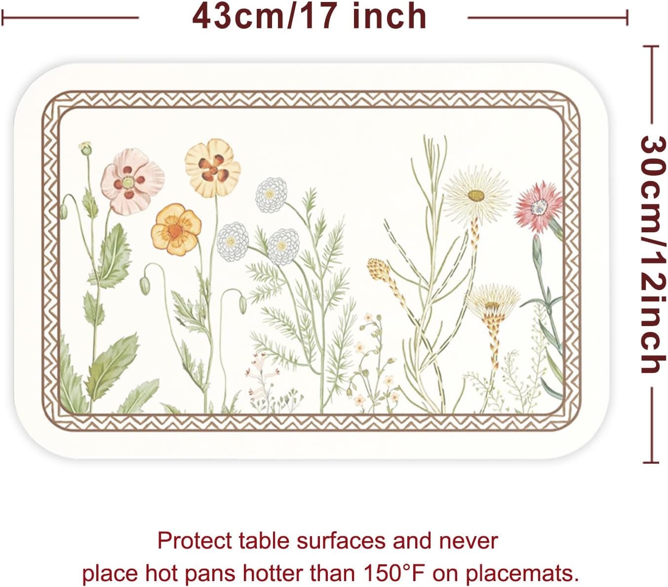 ISAENNE Designer Cottage Rectangular Placemats Set of 6,Flower Pattern PVC Placemat, Waterproof and Heat-Resistant Pastoral Style,Decoration for Kitchen,Dinning,Parties, Holiday,12"*17"