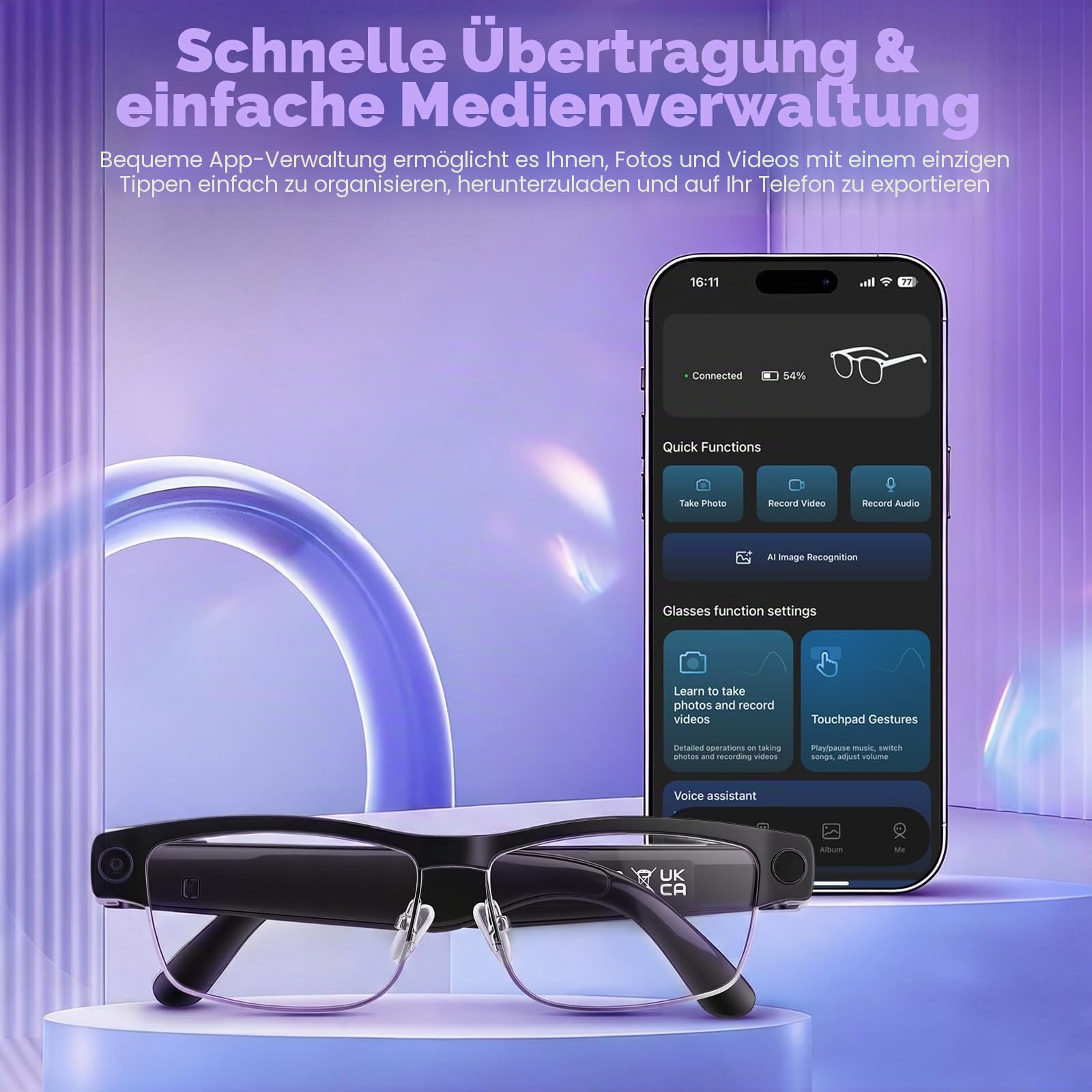 AI Smart Glasses mit 8MP HD Kamera, Smart Brille mit 1200P Video–Wechselbare Gläser, KI Brillen mit Bluetooth 5.4, 3000mAh, Live-Übersetzung, Objekterkennung für Reisen, Büro und Radfahren