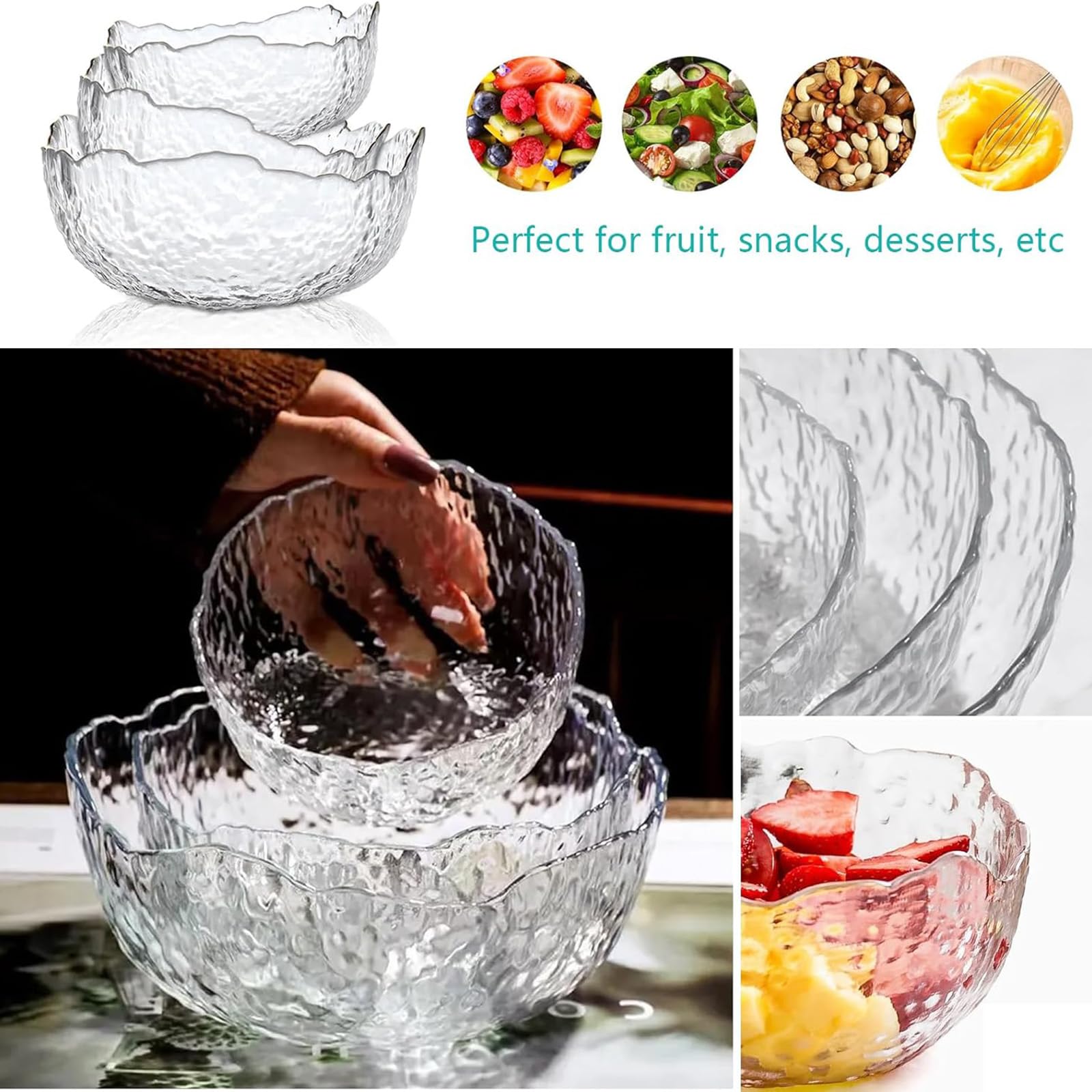 3 Stück Glasschalen Set, Kristallglas Obstschale Obst Salat Dessert Transparent Servierschalen Glas Dessertschalen Eisbecher Eisbecher Set Salatschalen Servierschale