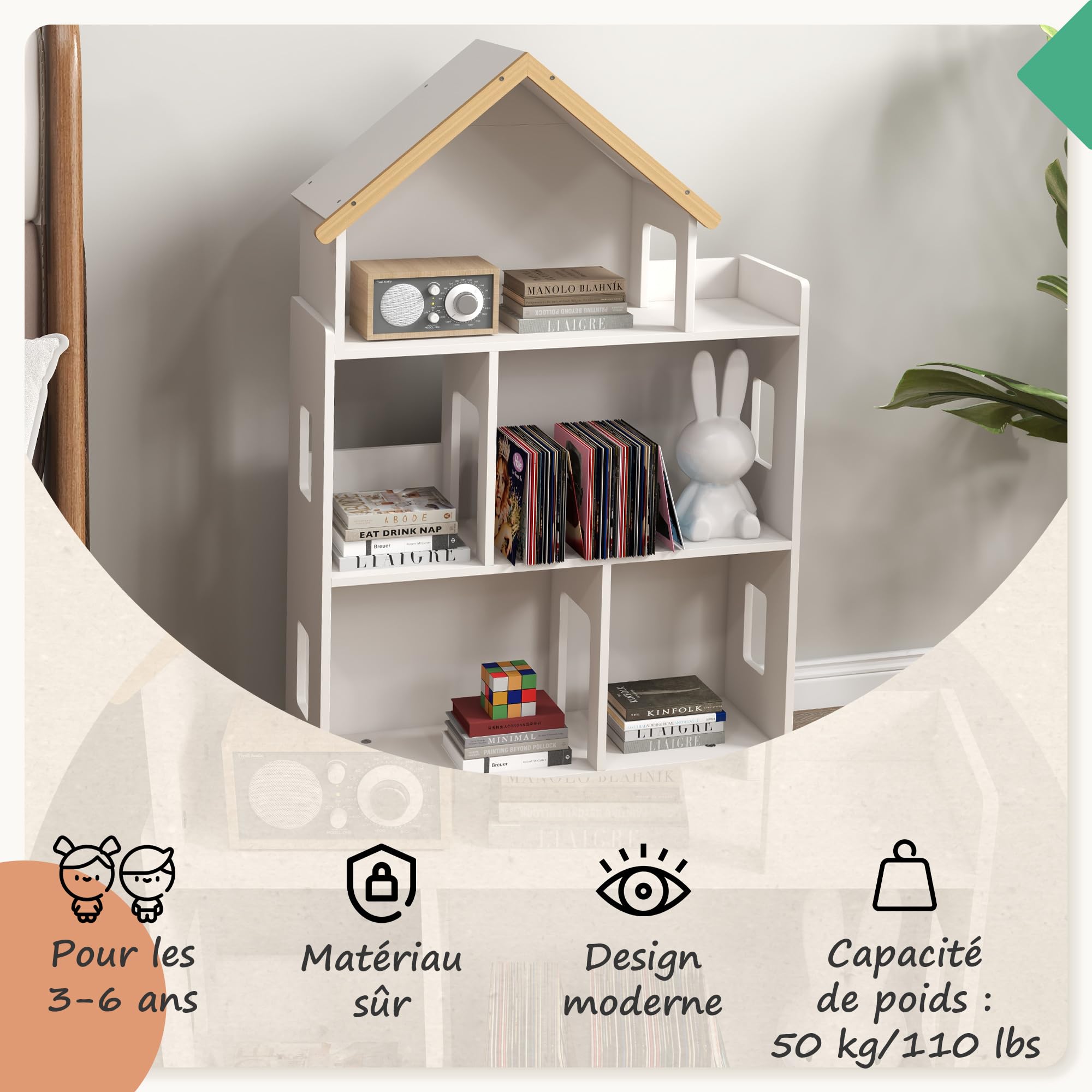 ZONEKIZ Étagère de Rangement pour Jouet Enfant et Livres Meuble de Rangement Forme de Maison - 3 Niveaux avec étagères - Bois Massif - 65 x 25 x 108,5 cm - Blanc et Naturel