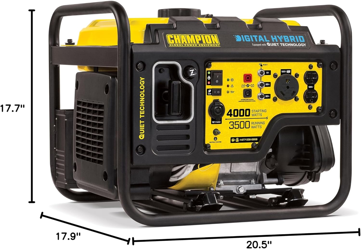 Diagram showing the dimensions of the Champion 4000-Watt Inverter Generator.