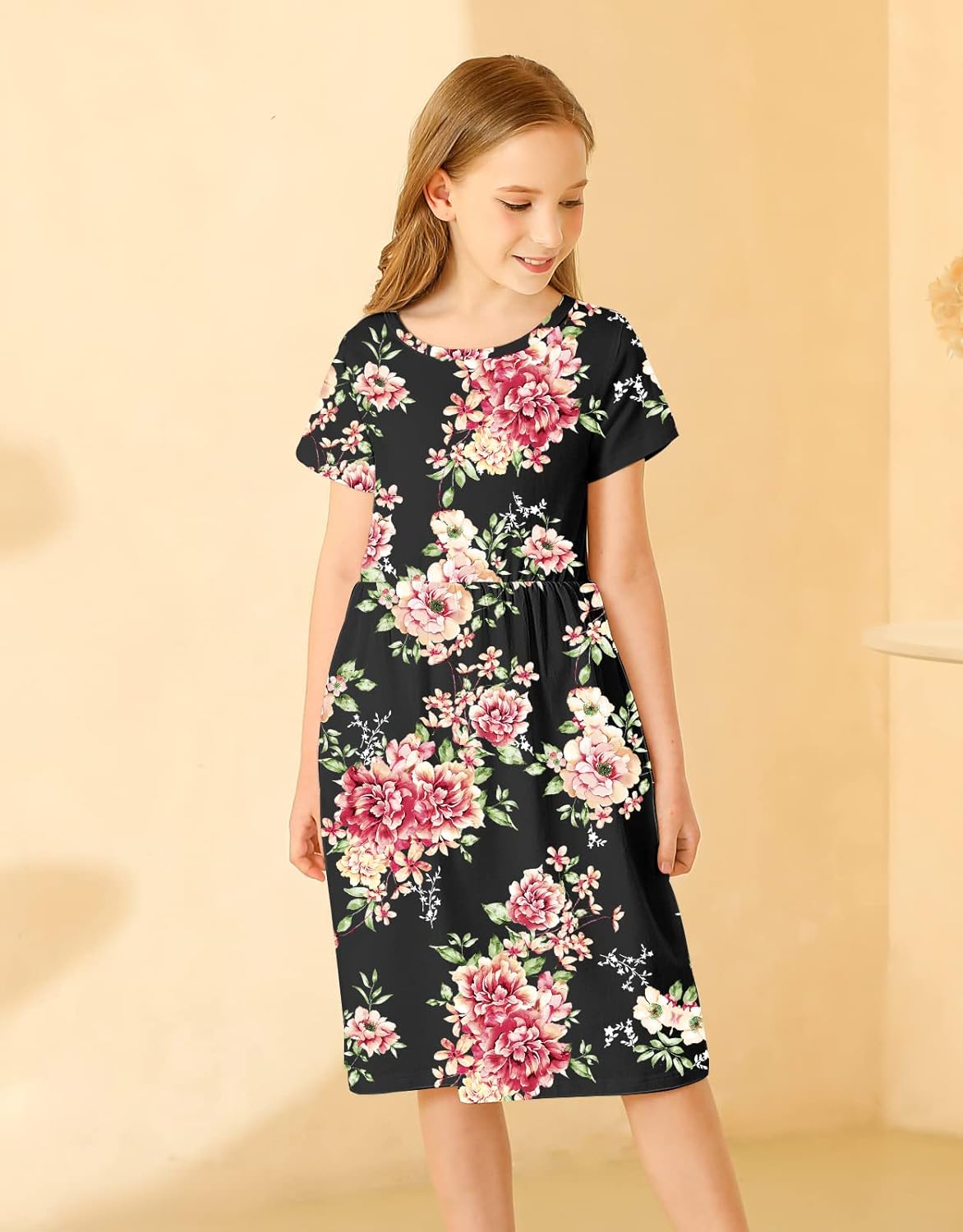 KYMIDY Girls Short Sleeve Floral Dress Kids Boho Casual Twirly Skater Dress with Pockets for Girls 6-13 Years - Image 5