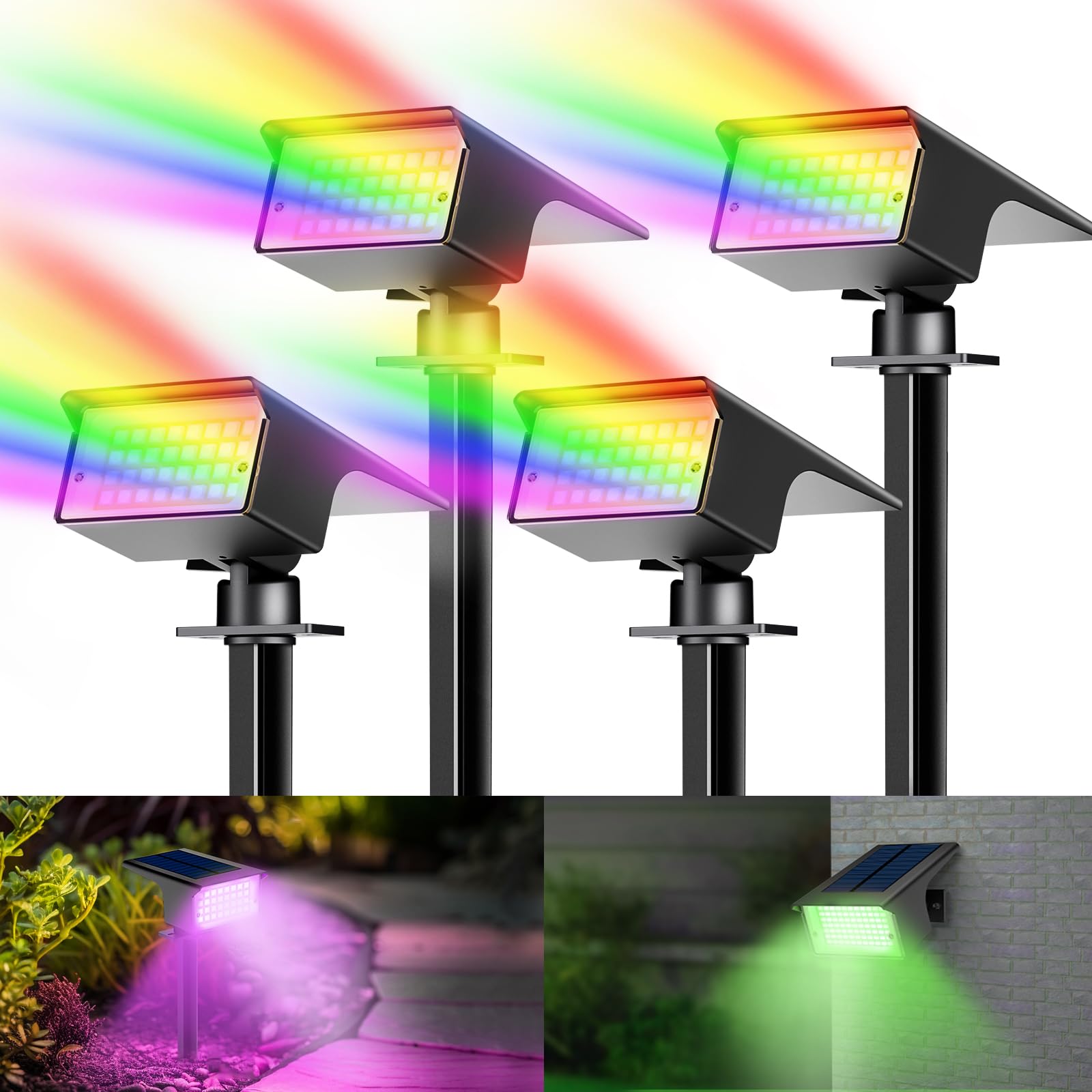 kolpop [4 Stück/ 7 RGB Bunt Solarlampen für Außen, IP65 Wasserdicht Solar Strahler, 800LM Außenleuchte, 2 in 1 Montage, Dusk to Dawn Solarleuchten Gartenleuchten für Bäume, Outdoor Pflanzen, Hof