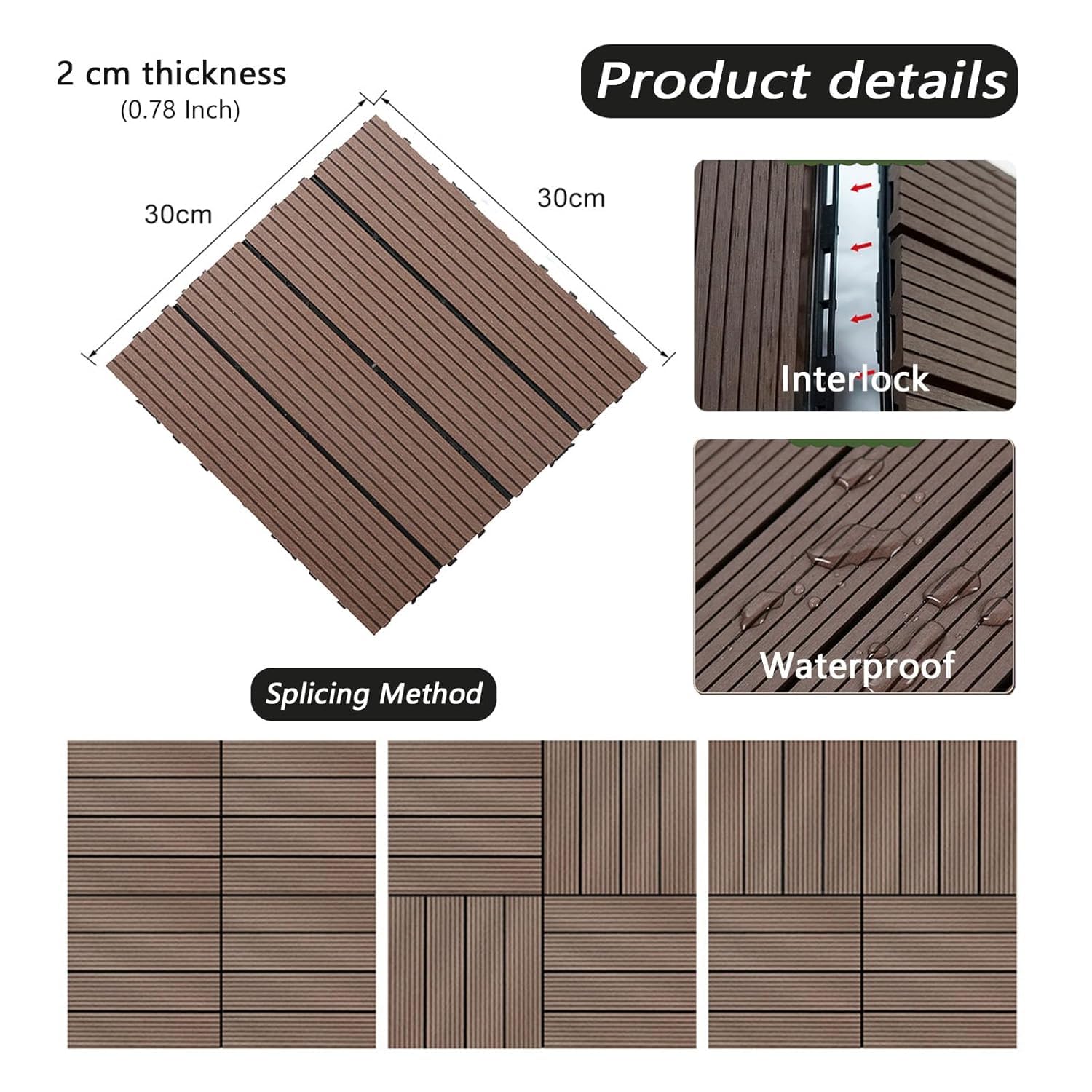 Dalles et lames de terrasse en composite, 6 pièces dalles de terrasse emboîtables en bois multicolores 30x30x2 cm(Brick)