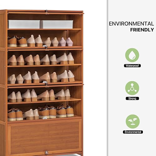 Miniatura 9 de Magshion Armario de almacenamiento de zapatos de bambú de 8 niveles con puertas abatibles, zapatos independientes, tacones y sandalias, estante
