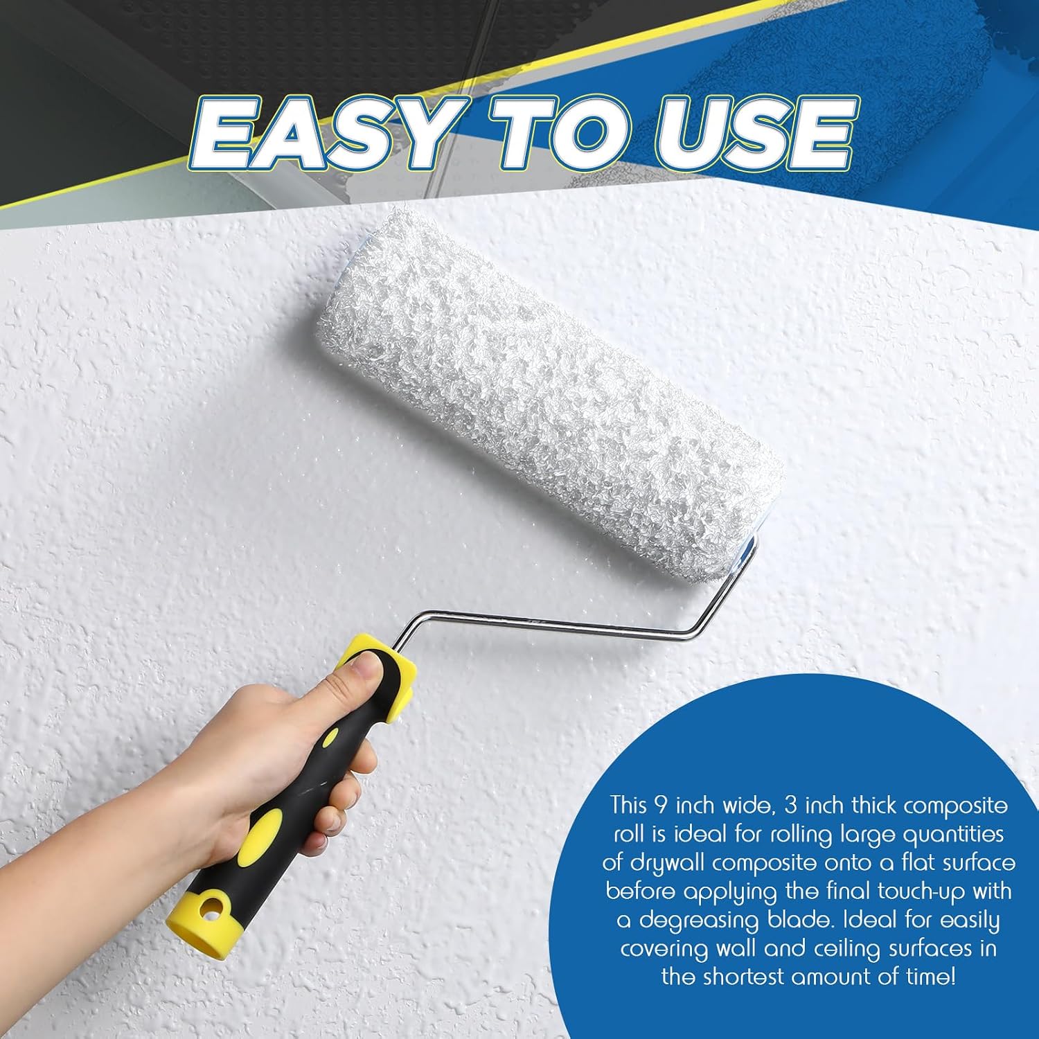 Threlaco 3 Pcs 9 Inch Drywall Compound Roller Cover with 1 Pcs Paint Frame, Drywall Texture Brush, Mud Roller for Putty, diatomaceous Earth, molding Paste, Textured coatings