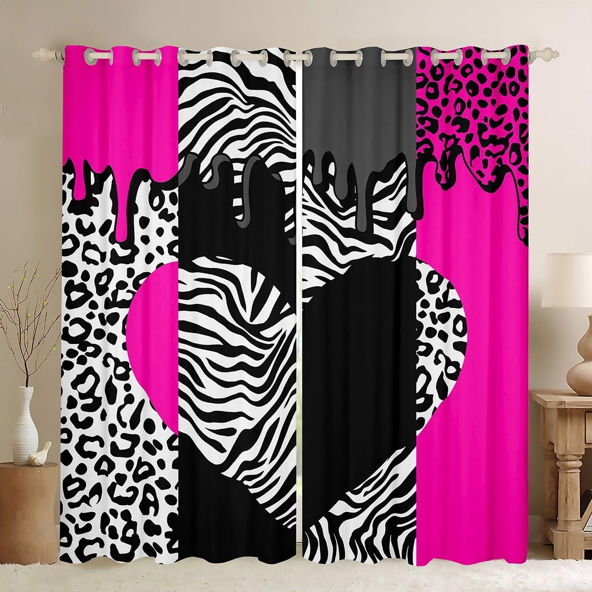 Feelyou ヒョウ柄遮光カーテン (2パネル、42&times;63インチ) ホットピンク ブラック チーターゼブラ スイートハートカーテン
