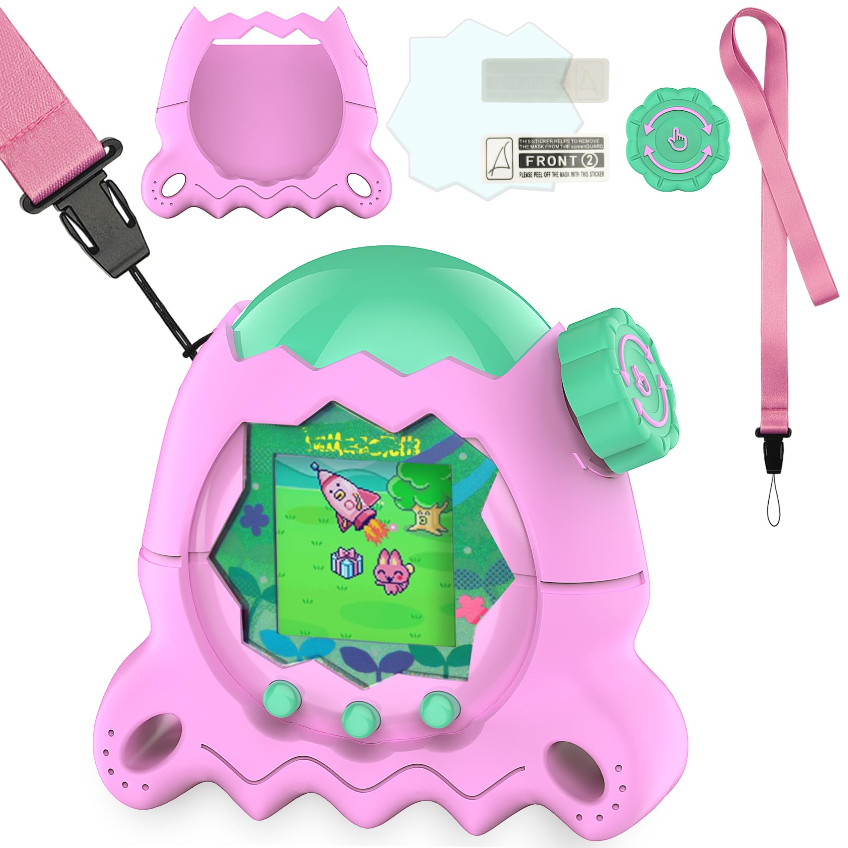 RAWECUD Silicone Case for Tamagotchi Paradise Electronic Pets | Screen Protector and Lanyard for Tamagotchi Paradise Virtual Pet Accessories (Pink)