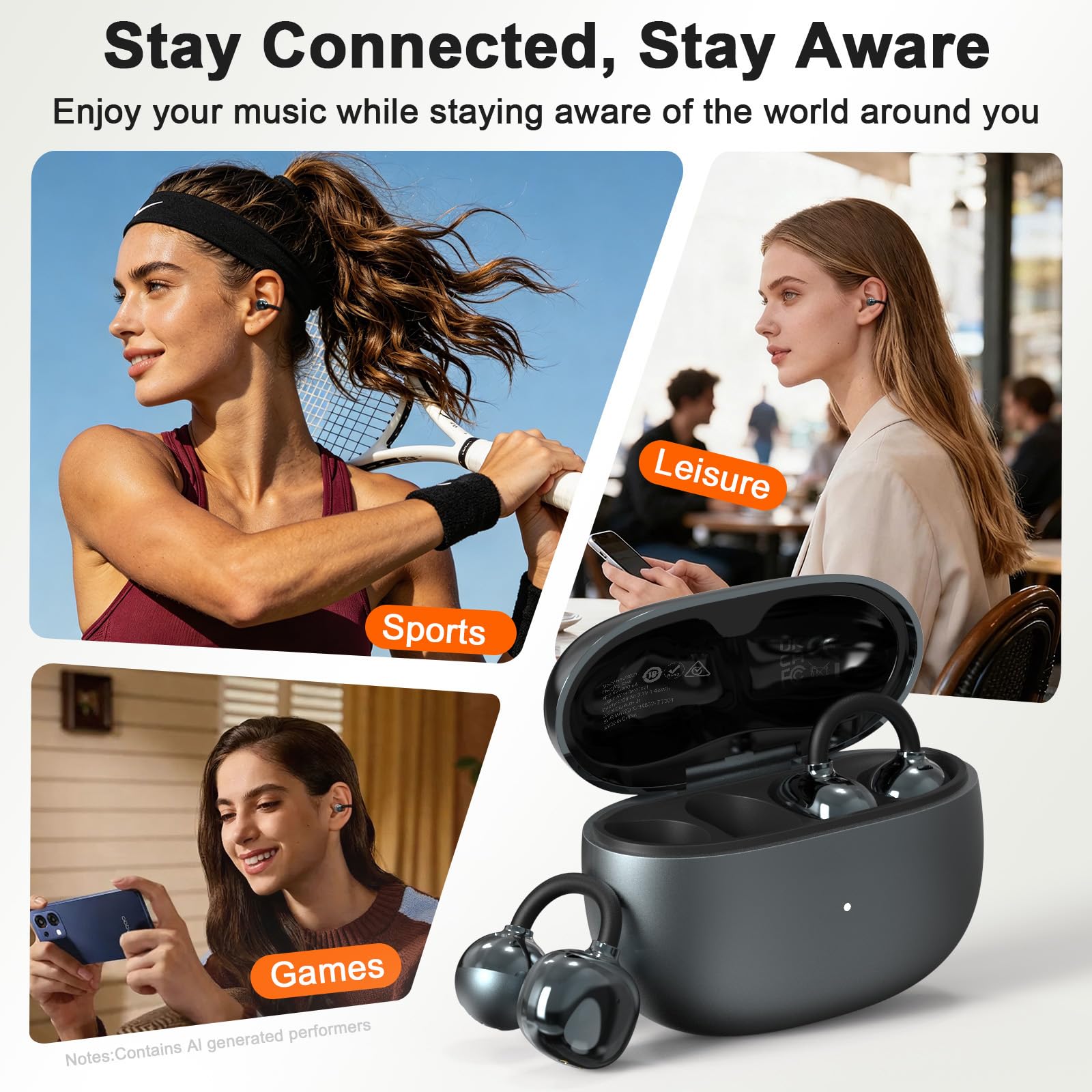 JUOVI Cuffiette Bluetooth 6.0 con Clip, Auricolari Open Ear Sportivi con ENC, Cuffie Wireless Bluetooth 28H, Leggere 5,2g, IP54 per Sport, Viaggi e Lavoro