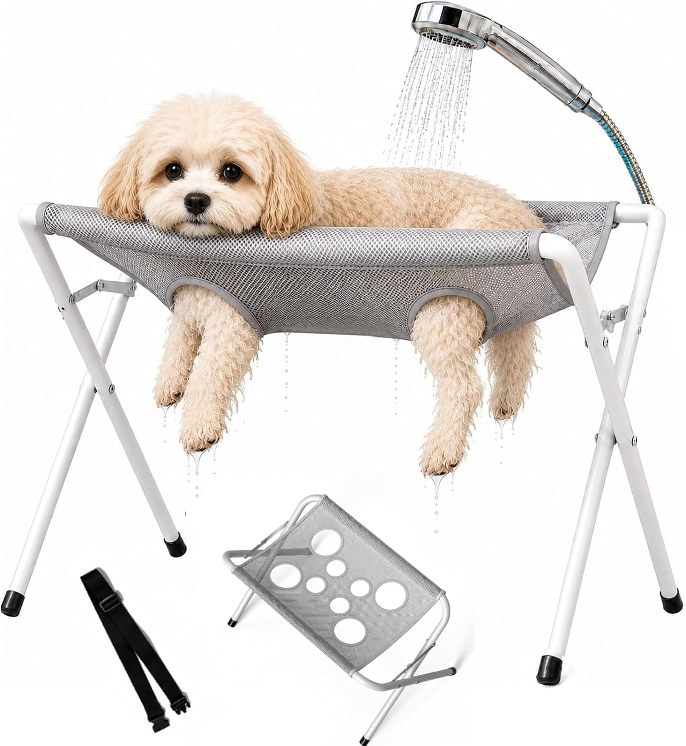 Dog Grooming Hammock, Foldable Dog Bath Holder Sling Shower Chair, for Trimming, Heavy-Duty Pet Bath Stool for Small & Medium, Washable Mesh with Harness Joint Support & Restraint (Grey)