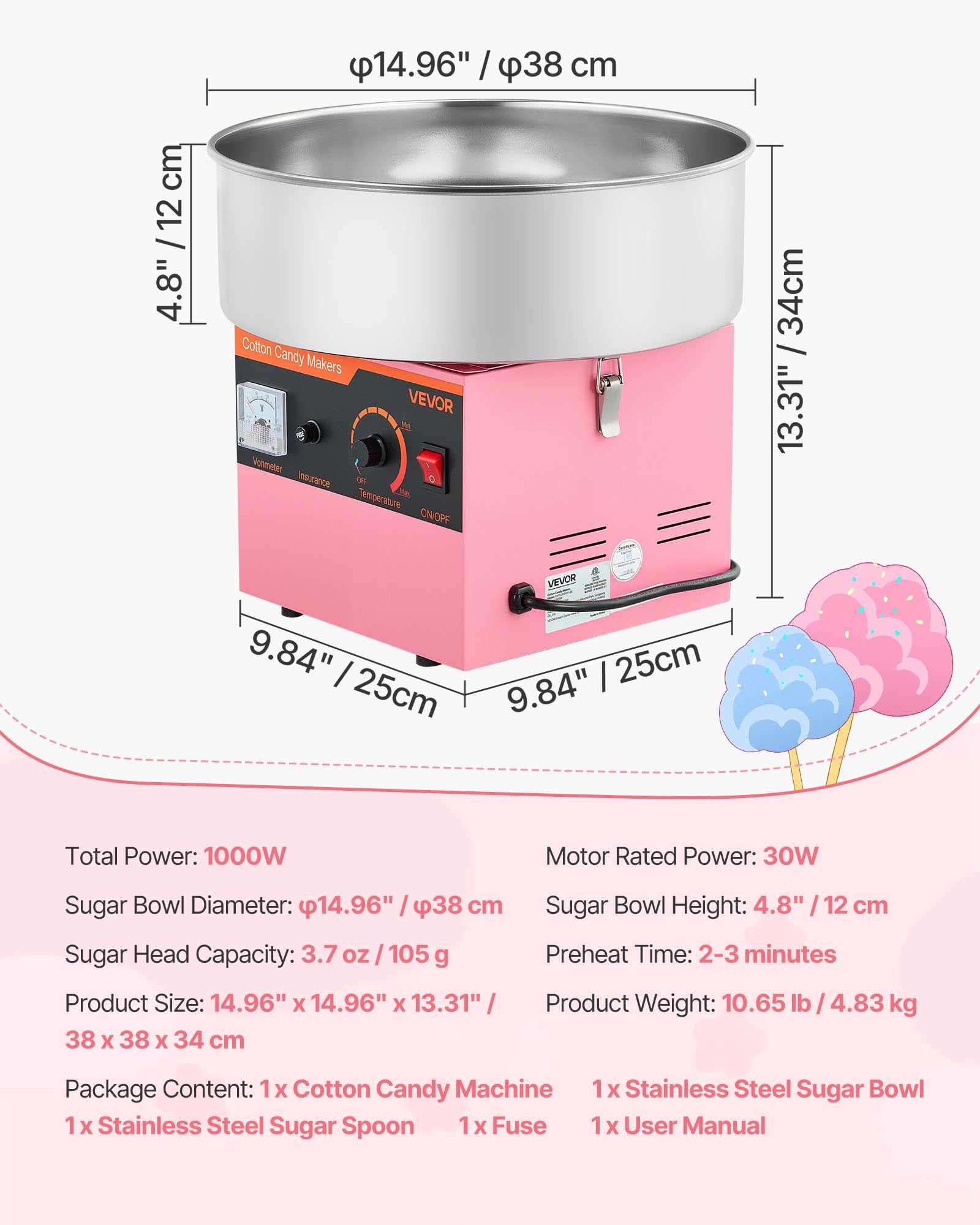 VEVOR Máquina de Algodón de Azúcar Eléctrica 1000 W Capacidad de 100 g de Azúcar 38 x 38 x 34 cm Fácil de Instalar y Desmontar Fácil de Usar con Azucarero y Cuchara para Hogar, Fiestas, Rosa