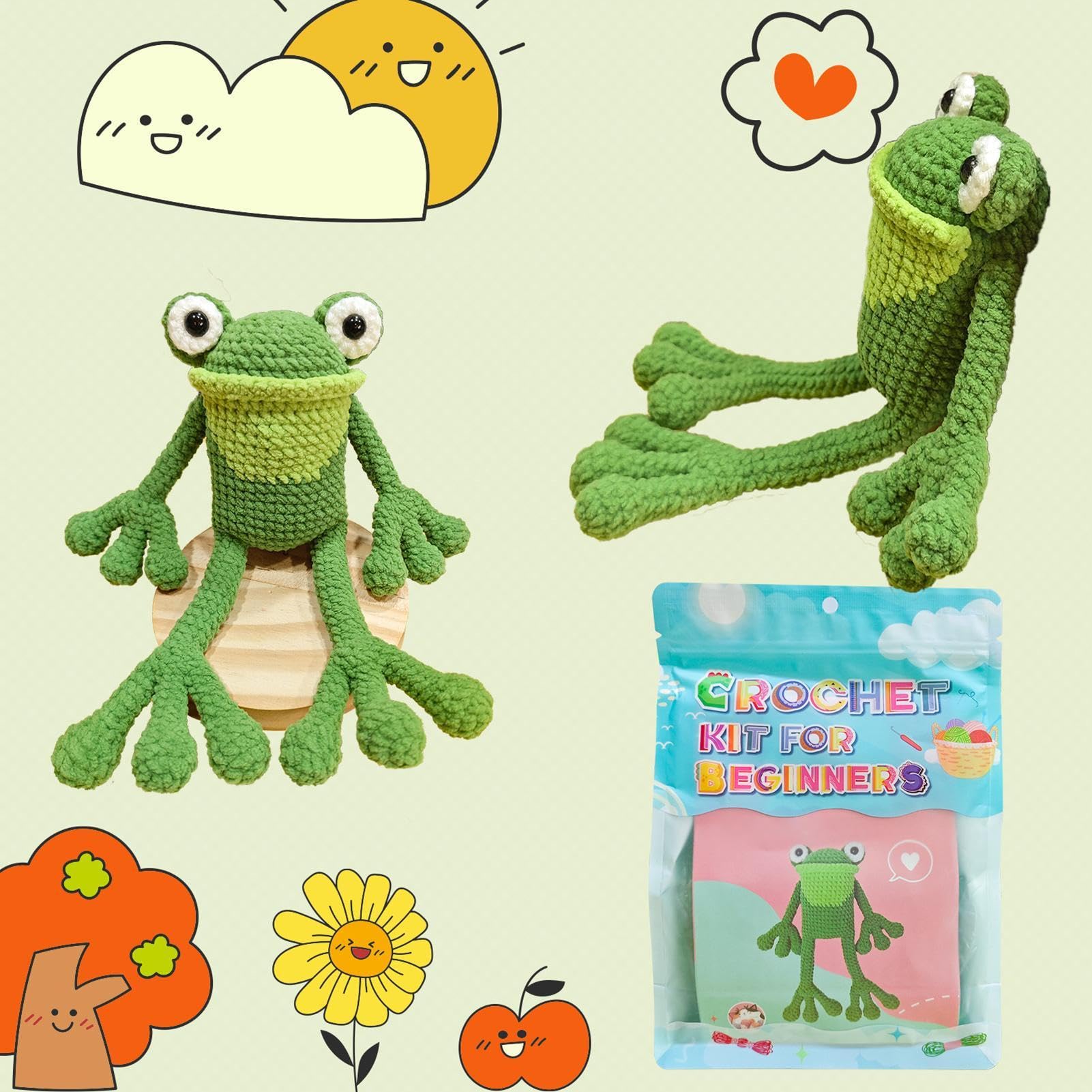 GkgWuxf Kit di animali all'uncinetto rana, kit completo di animali all'uncinetto, con filo ad uncinetto, istruzioni passo dopo passo, kit di artigianato rana dei cartoni animati per bambini