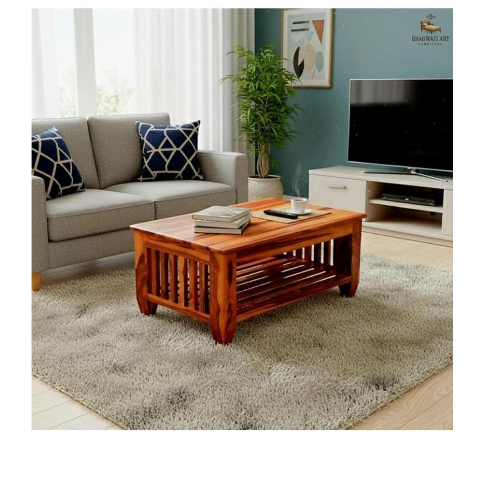Wood Art & Craft Solid Sheesham Wood Coffee Table for Living Room, Slatted Lower Shelf Design with Slatted Sides and Lower Storage Shelf, 110 x 60 x 45 cm, Honey Finish-image-23