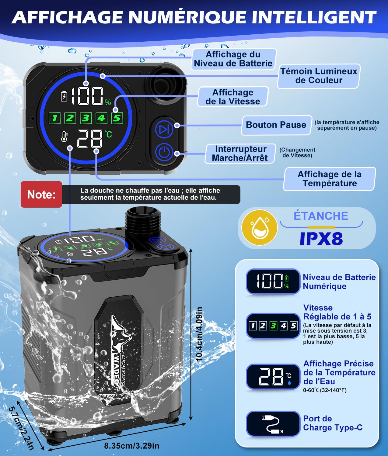 WADEO Kit Douche Camping, Seau 20L & Pompe 5 Vitesses, Autonomie 10 Jours | Pompe Douche Rechargeable 6000 mAh avec Écran LED, IPX8, Douche Chaude Camping Portable pour Voyage, Animal, Voiture, Jardin