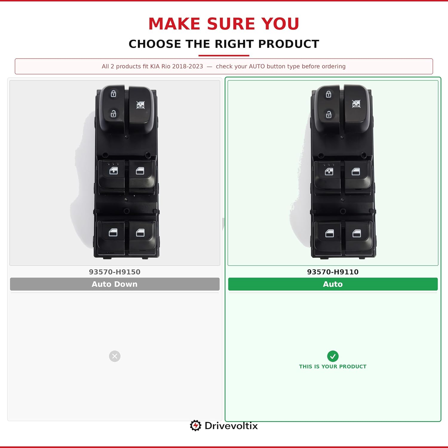 Master Power Window Switch Compatible with Kia Rio 2018-2023, Replaces OEM 93570-H9110, 93570H9110, Auto