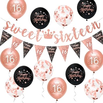Girls 16th Birthday Decorations Black Rose Gold 16th Birthday Party Decorations Banner Bunting Kit Girls Sweet Sixteen by Sheinly