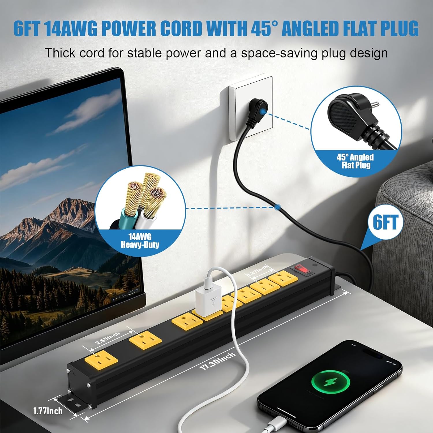8 Outlet Heavy Duty Metal Power Strip, Wall Mount with 2.55 inch Wide Spacing, 6 FT Flat Plug Extension Cord with Switch, 1875W 15A 125V, ETL Listed for Garage Workshop Home Office