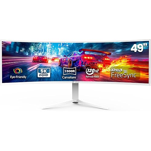 CRUA 49" White Curved Monitor | DQHD(5120 * 1440), 120Hz, 1500R, 32:9, AMD FreeSync, 120% sRGB, Height Adjustable Ultra-Wide Screen Computer Monitors, HDMI 2.1 & DP 1.4, Wall Mount Install
