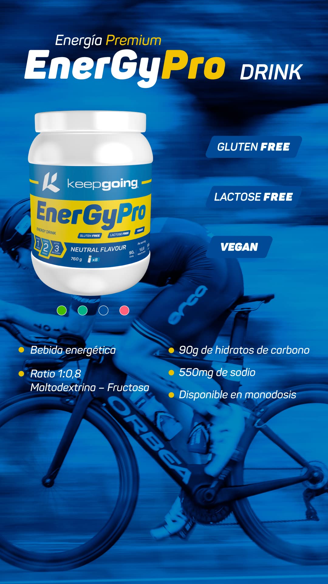 Keepgoing EnergyPro Drink Bebida Energética Premium en Polvo Sabor Neutro 760g| Triatlón Ciclismo Running Trail |Ratio 1:0,8 Maltodextrina - Fructosa