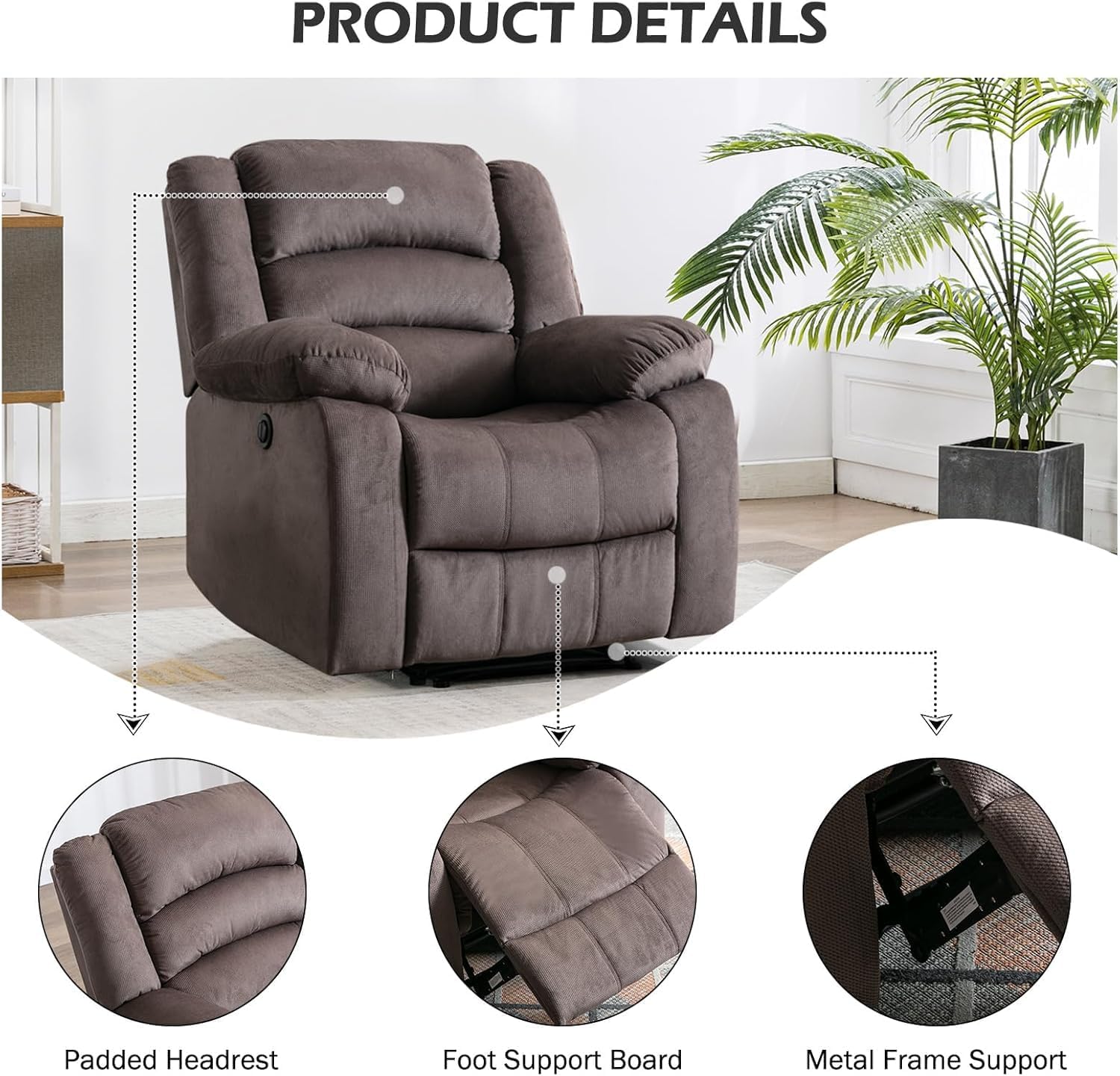 CANMOV Power Recliner Chair for Adults, Oversized Electric Recliner with Soft Cushion and Back, Upholstered Soft Fabric Reclining Chair for Living Room, Bedroom, Brown