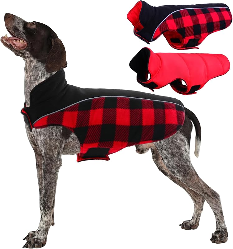 Kuoser Abrigo de invierno para perros, campera reversible impermeable para perros con tira reflectante, chaleco polar cálido para perros, ropa ajustable para clima frío, traje de Navidad a cuadros, ropa para mascotas para perros grandes, rojo L