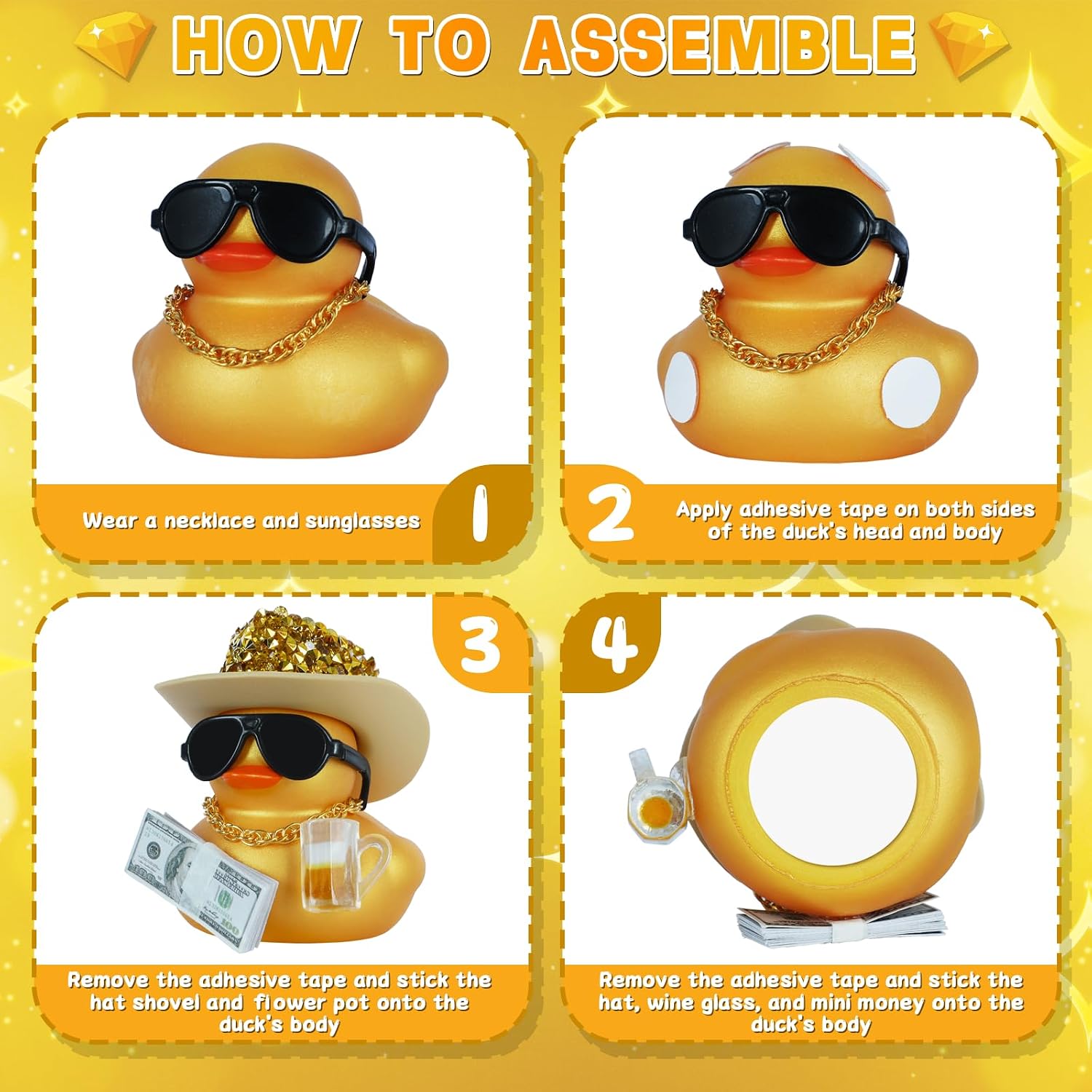 Golden Rubber Duck for Jeep Car Dashboard Decoration with Dollars Beer Glasses,Squeaky Duck Party Favors Game Rewards Home Ornament with Cow-boy Hat Necklace Sunglasses