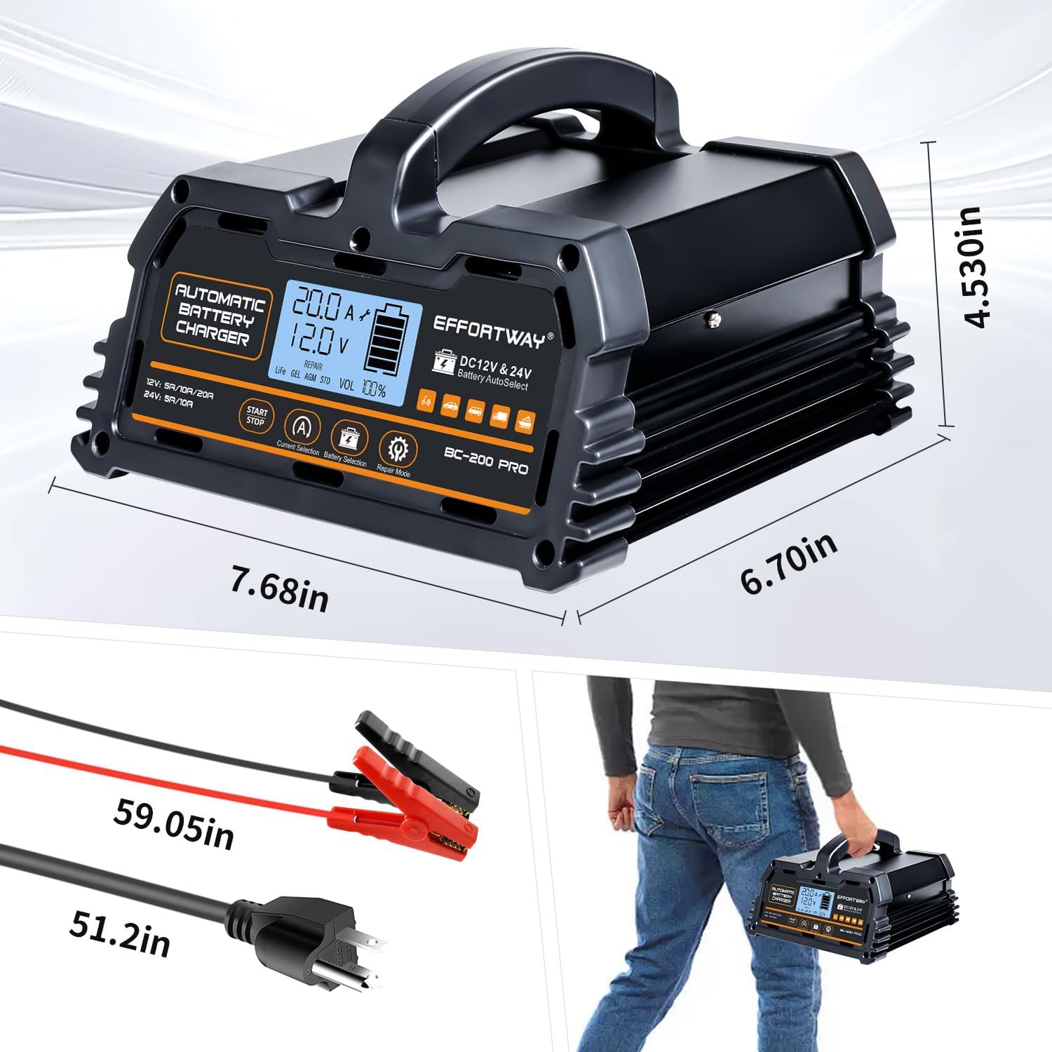 20A 12V/24V Battery Charger,Lead Acid Charger, 12V LiFePO4 Charger. Smart Battery Charger with Trickle Charge.Car Battery Maintainer with LCD Display. Suitable for Trucks,AMG,Motorcycles