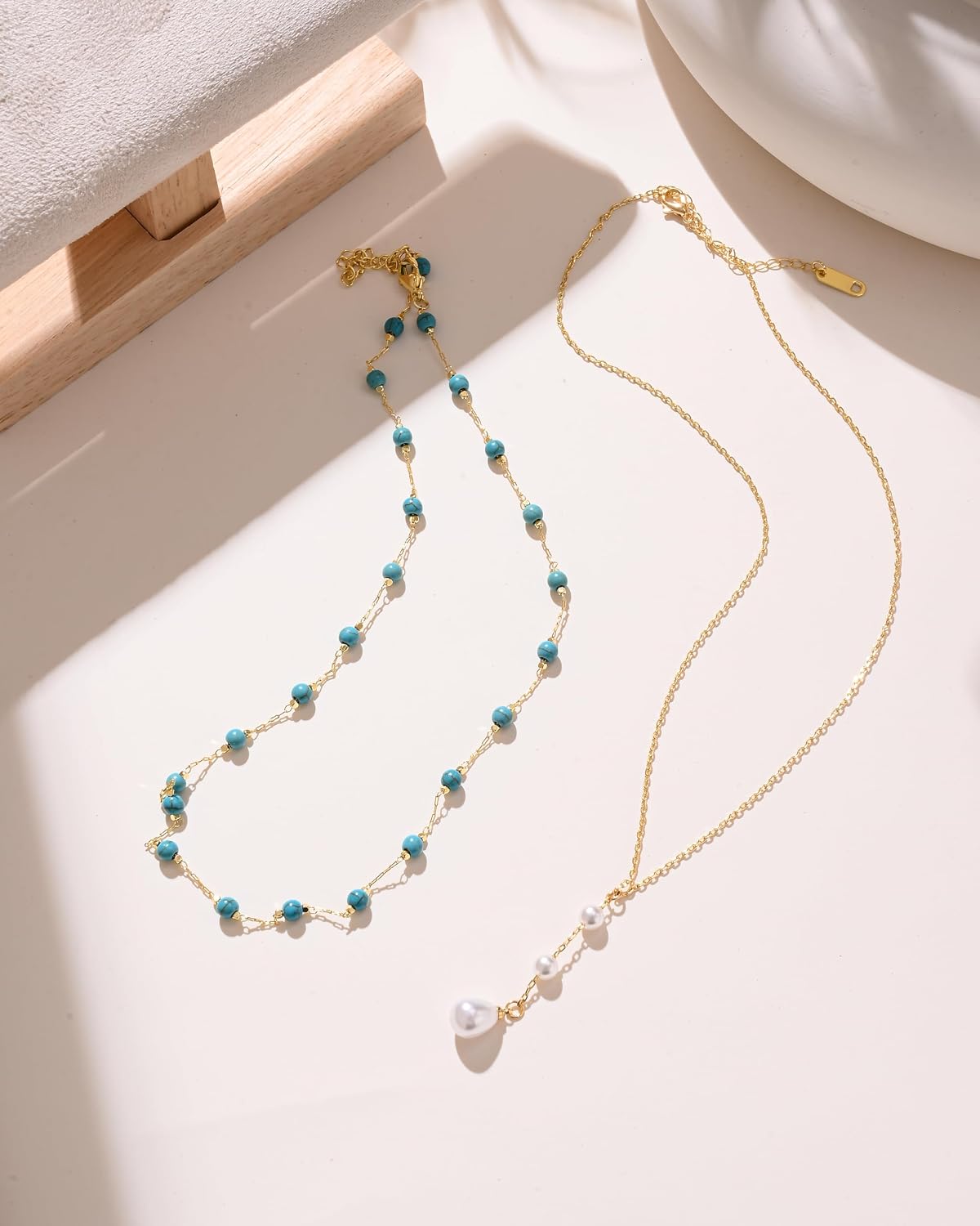 Pearl Turquoise Necklaces for Women Dainty 14k Gold Plated Boho Turquoise Y Pearl Choker Trendy Jewelry Gift