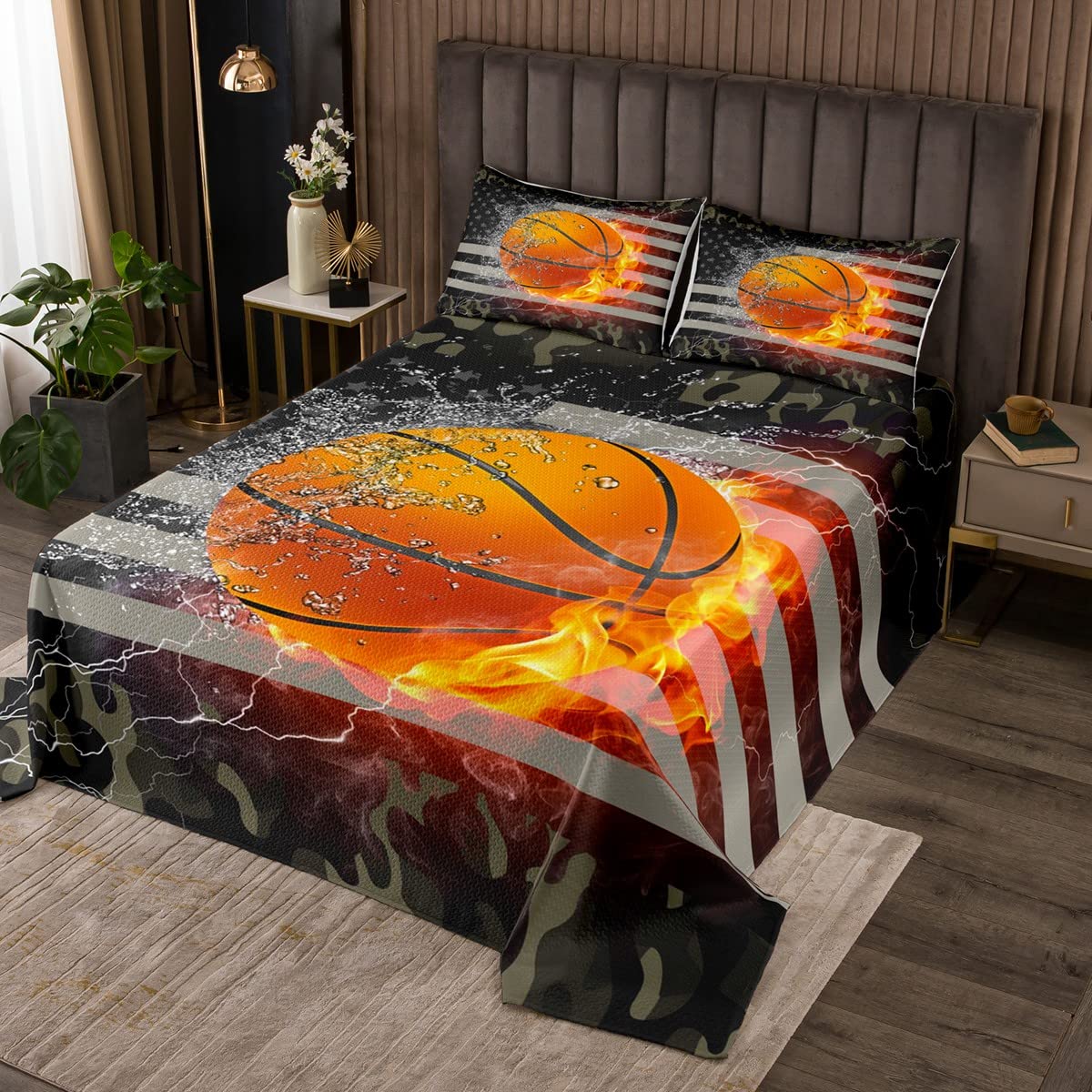 Erosebridal Basketball Bedspread, Camouflage Coverlet Set Twin for Kids Boys Teens, American Flag Quilted Sports Games and Camo Bedspread Quilt Set, Decorative 2 Piece with 1 Pillow Case, Grey