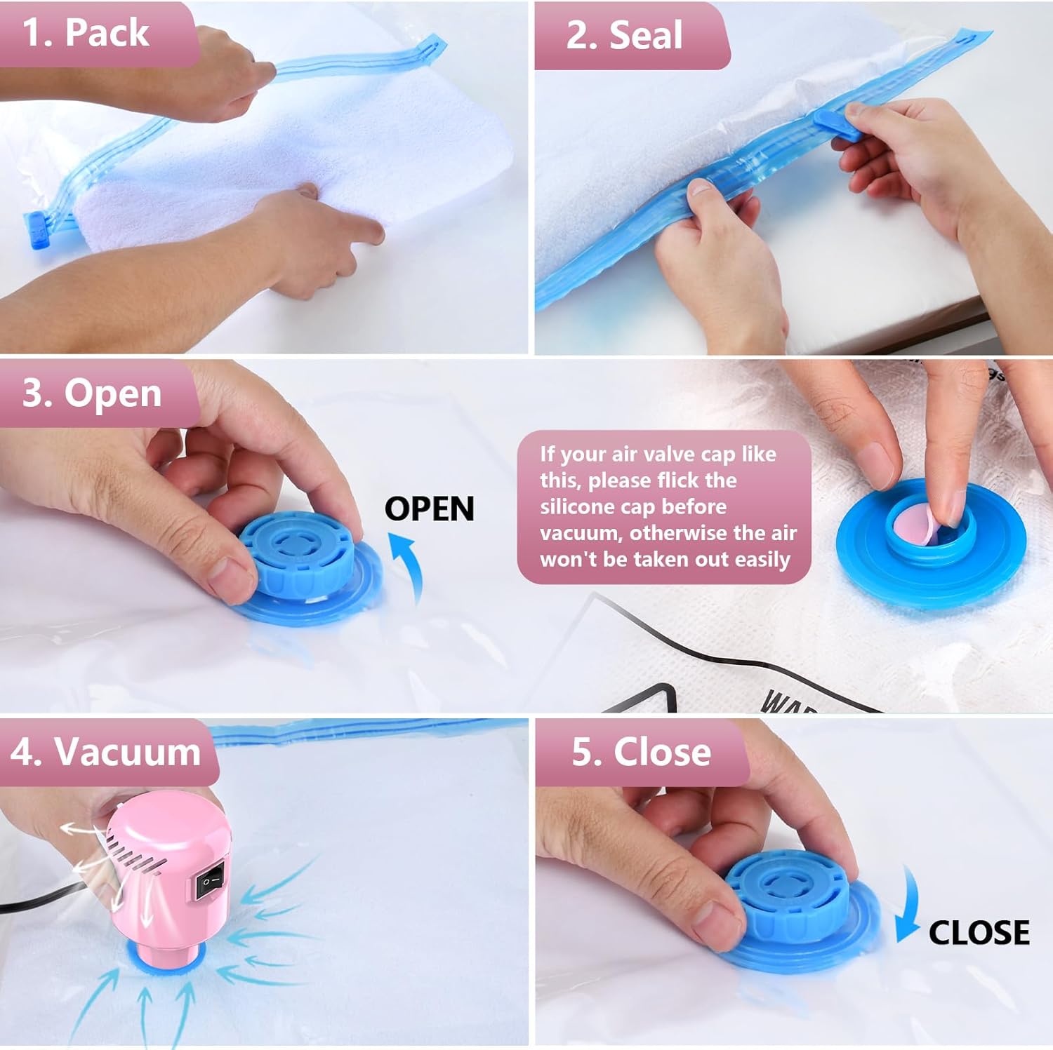 Electric Pump for Vacuum Storage Bags, Portable Vacuum Bag Pump, Electric Vacuum Pump for Storage Bags, Great for Various Vacuum Seal Bags for Clothing,Blankets,Bedding- Pink (No Bags) - Image 7