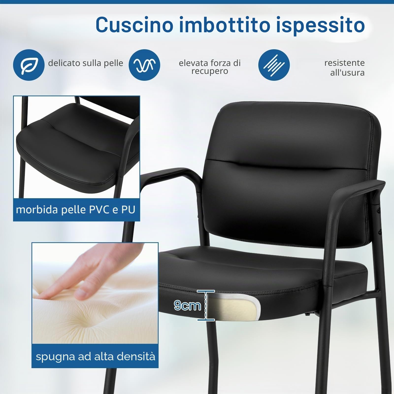 GIANTEX Set di sedie da sala d'attesa senza ruote 2/4/6/8/10/12 imbottite con braccioli integrati, sedie per ospiti ergonomiche per reception, ufficio, nero