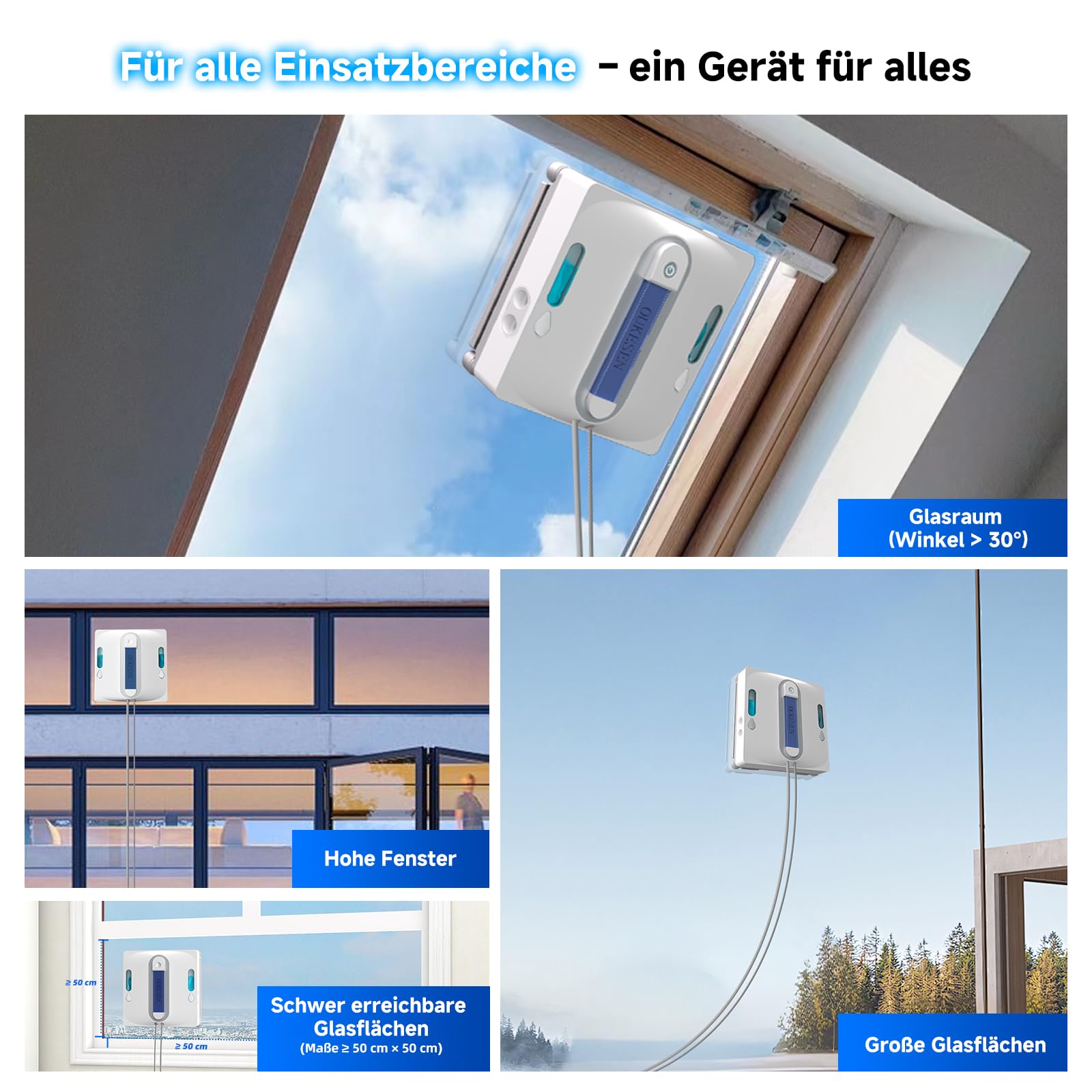 Fensterputzroboter,9000Pa Saugkraft&75N Reinigungskraft,mit 4 Wasser-Sprühdüsen,unterstützt 5 Reinigungsmodi&Fernbedienung, Fensterroboter Nassreinigung von gerahmten & rahmenlosen Fenstern
