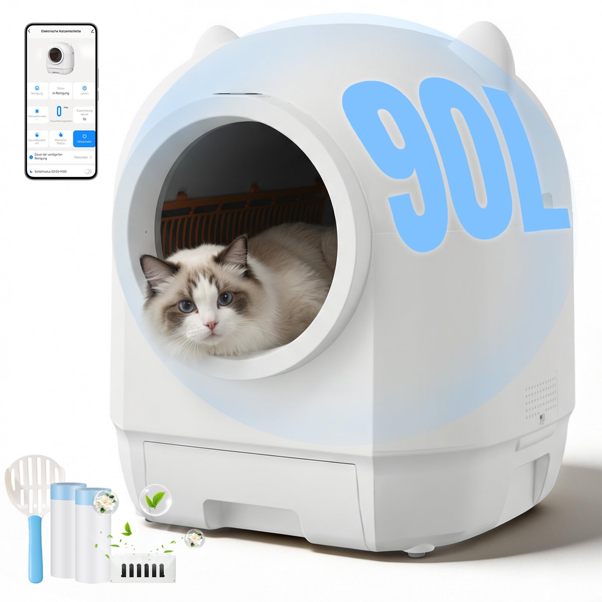 Devoko Lettiera Gatto Autopulente, Lettiera Autopulente Per Gatti XXL 90L, Doppio Sistema Anti-Odori E Protezioni Sicurezza Multiple, Controllo A Distanza Via APP, Ideale Per Famiglie Con Più Gatti