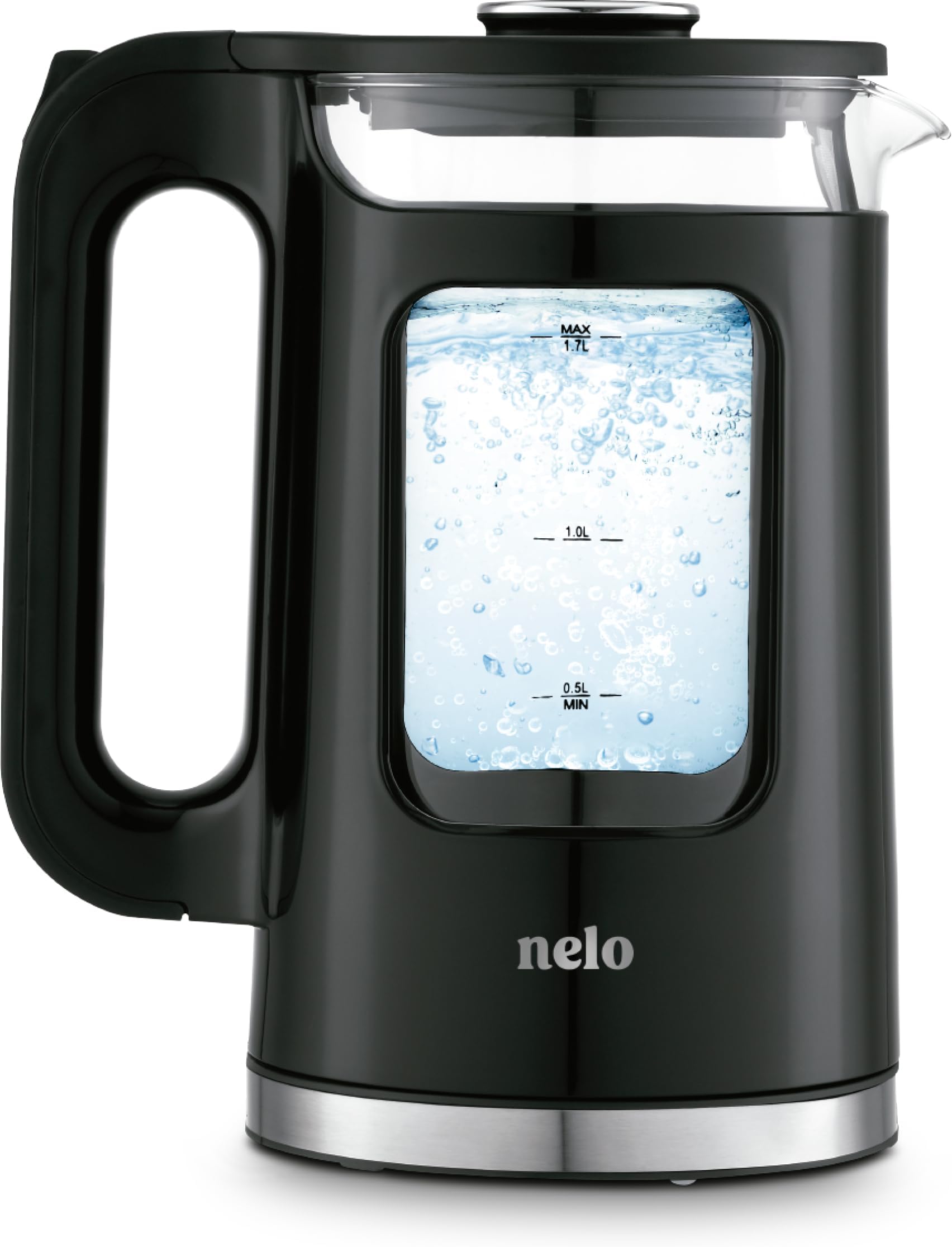 Electric kettle with keep warm function, stylish glass window double wall design, LED indicator lights, black tea kettle and hot water boiler with shut-off