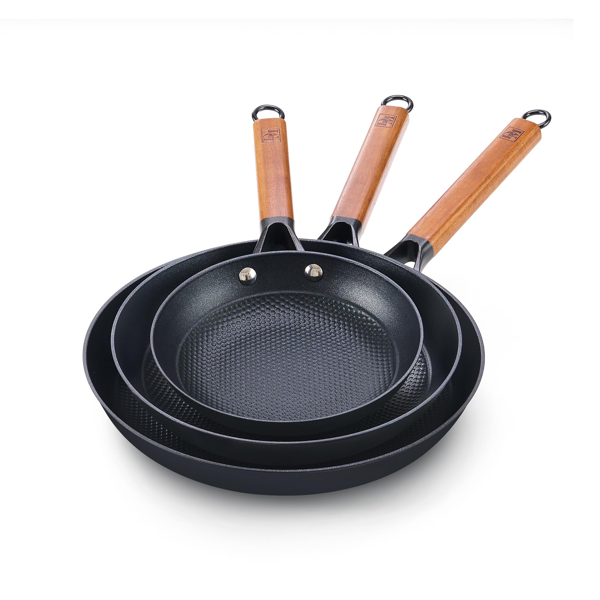 DM Gusseisen-Pfannen-Set, 3-teilig, antihaftbeschichtet, 20,3 cm, 25,4 cm, 30,5 cm, mit abnehmbarem Griff aus Akazienholz, Wabenform, antihaftbeschichtet, Omelett-Eierpfanne, leicht zu reinigen