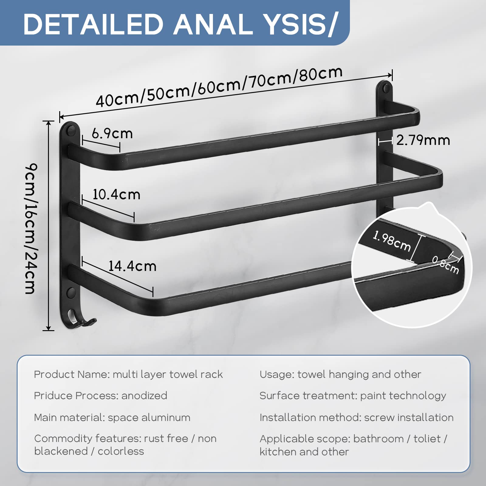 Toallero negro sin taladrar, toallero autoadhesivo de aluminio, toallero de pared de 3 pisos con ganchos, resistente al agua Rust toalla de baño para baño o cocina