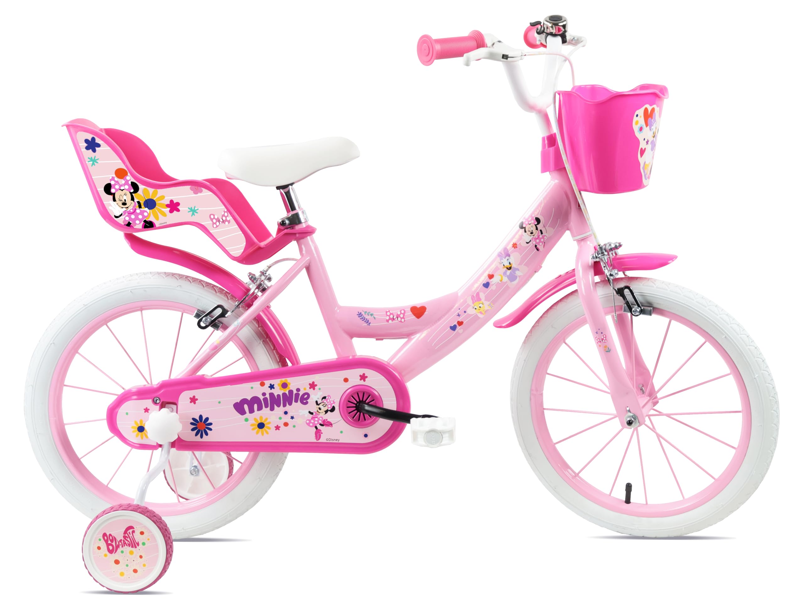 Denver Bike Bicicletta Bambina 16 Pollici Licensed Minnie, 4-6 Anni, Rotelle Removibili, Freni Caliper Anteriore/Posteriore, Telaio Acciaio, Ruote Gonfiabili, Trombetta e Portabambola