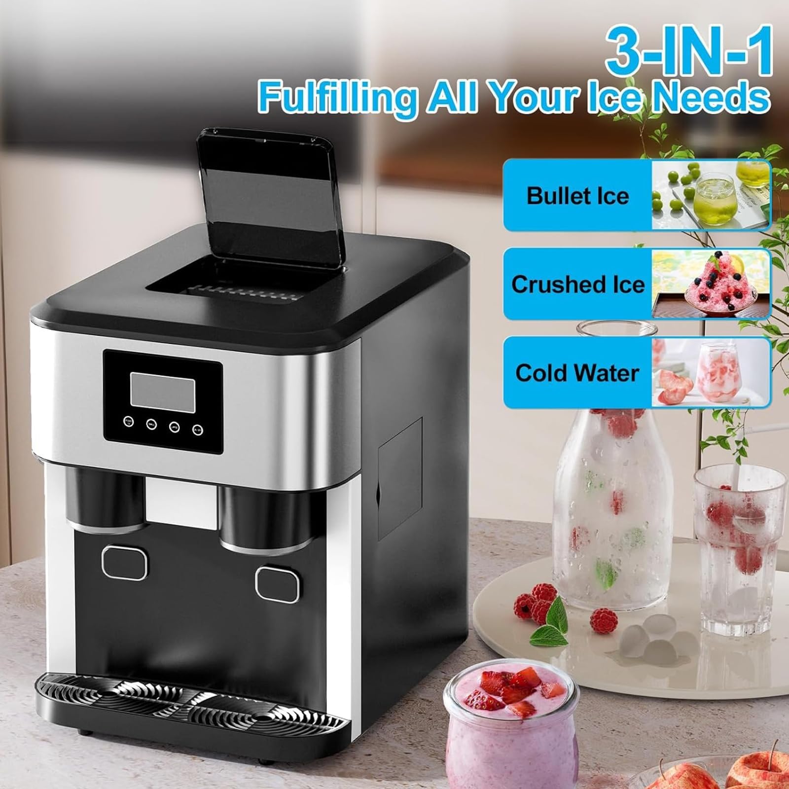 Macchina Ghiaccio Casa Con Tritaghiaccio E Acqua – 3 Funzioni, Ghiaccio Bullet, 13-16kg/24h, Ciclo 8-9 Min, Isolamento HD, Carico Auto/Manuale, Per Uso Domestico(Silver)