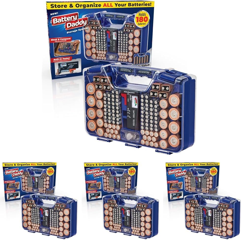 Ontel Battery Daddy Organizer Storage Case & Tester, Holds 180, Blue,Original - 180 Batteries (Pack of 4)