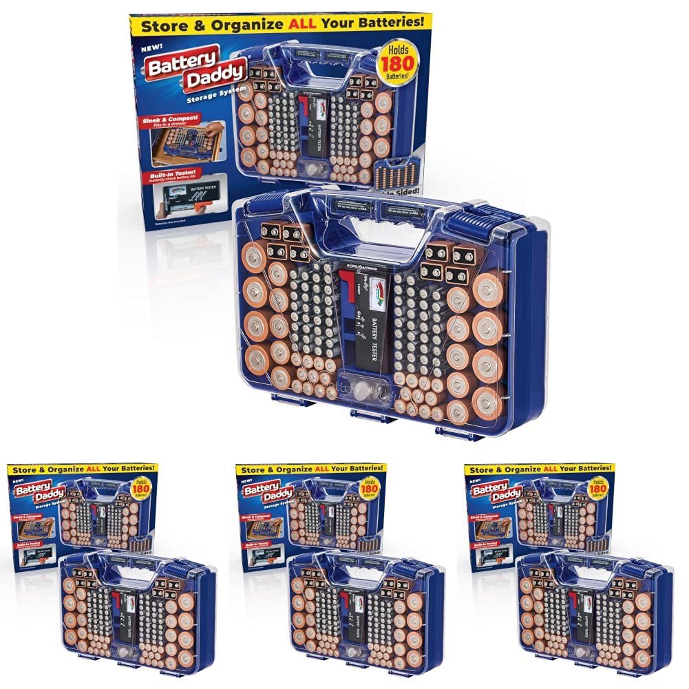 Ontel Battery Daddy Organizer Storage Case &amp; Tester, Holds 180, Blue,Original - 180 Batteries (Pack of 4)