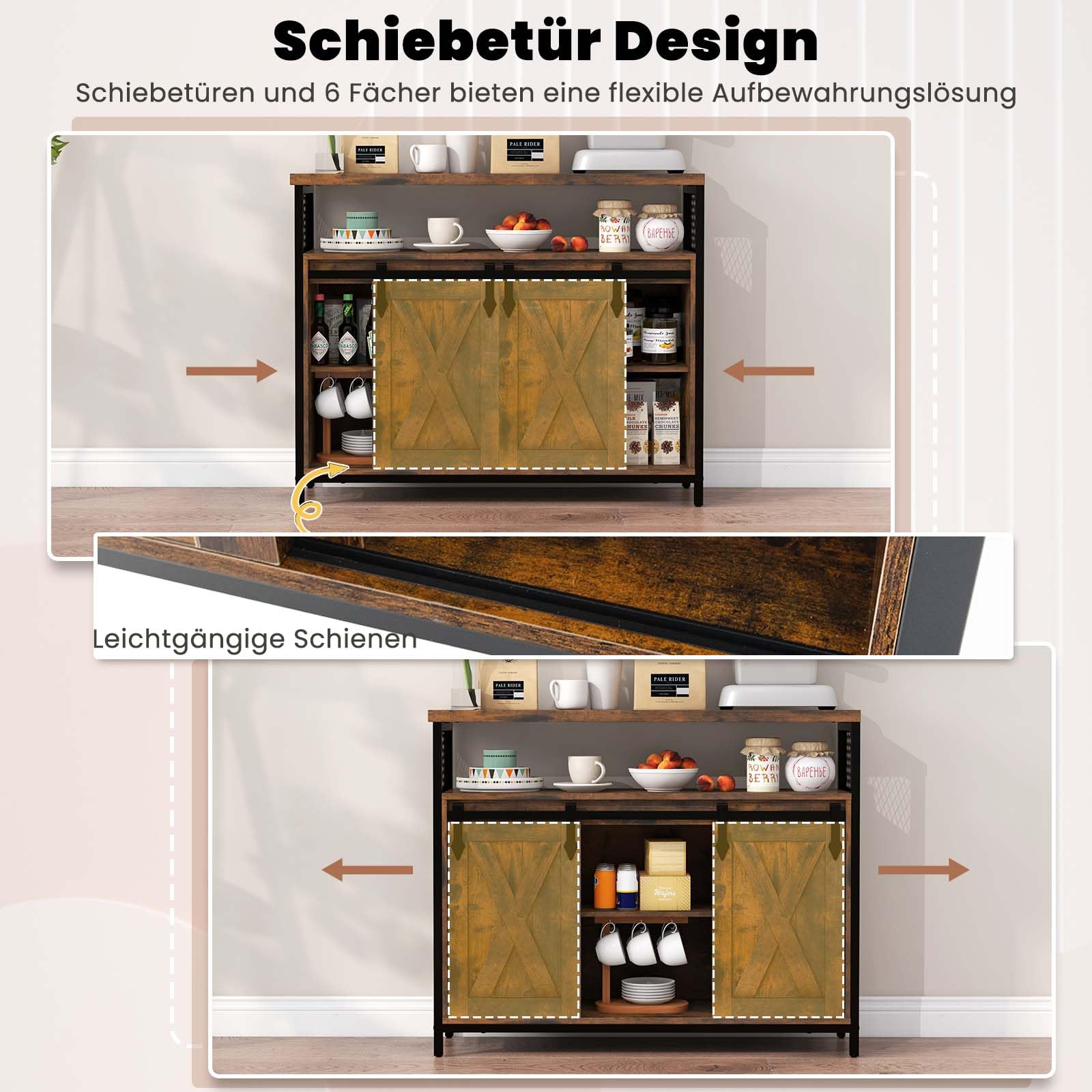 GOPLUS Dressoir keuken, buffetkast met glazen deuren, metalen poten en verstelbare planken, keukenkast, opbergkast voor woonkamer, eetkamer, slaapkamer, 120 x 35 x 80 cm