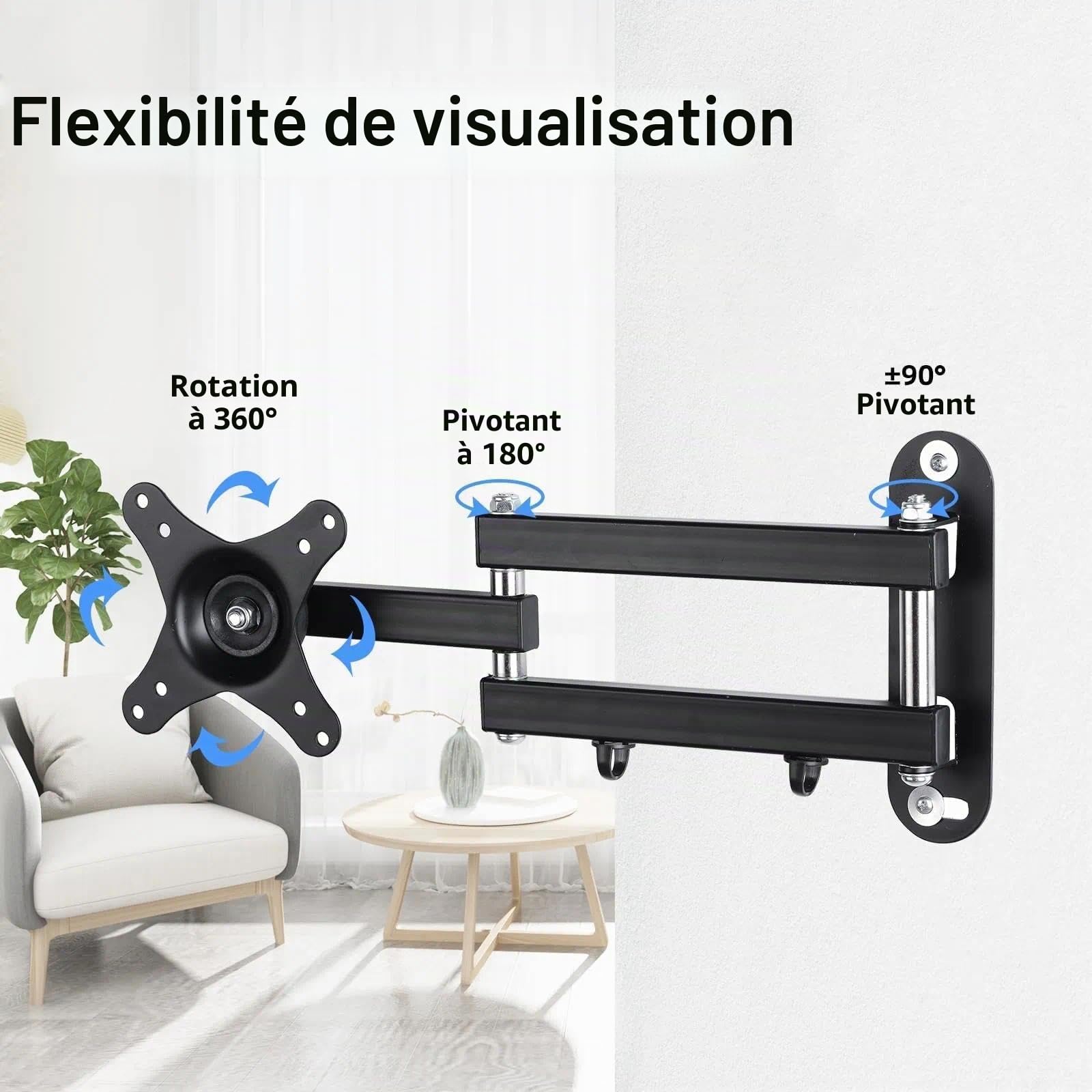 suptek Support TV Mural pour Moniteur et Télévision Plat/Incurvé de 15-32 Pouces, Rotation à 360° Inclinaison 20°, VESA 75x75 / 100x100mm jusqu'à 13 kg, Support Mural TV, Noir, MA2720