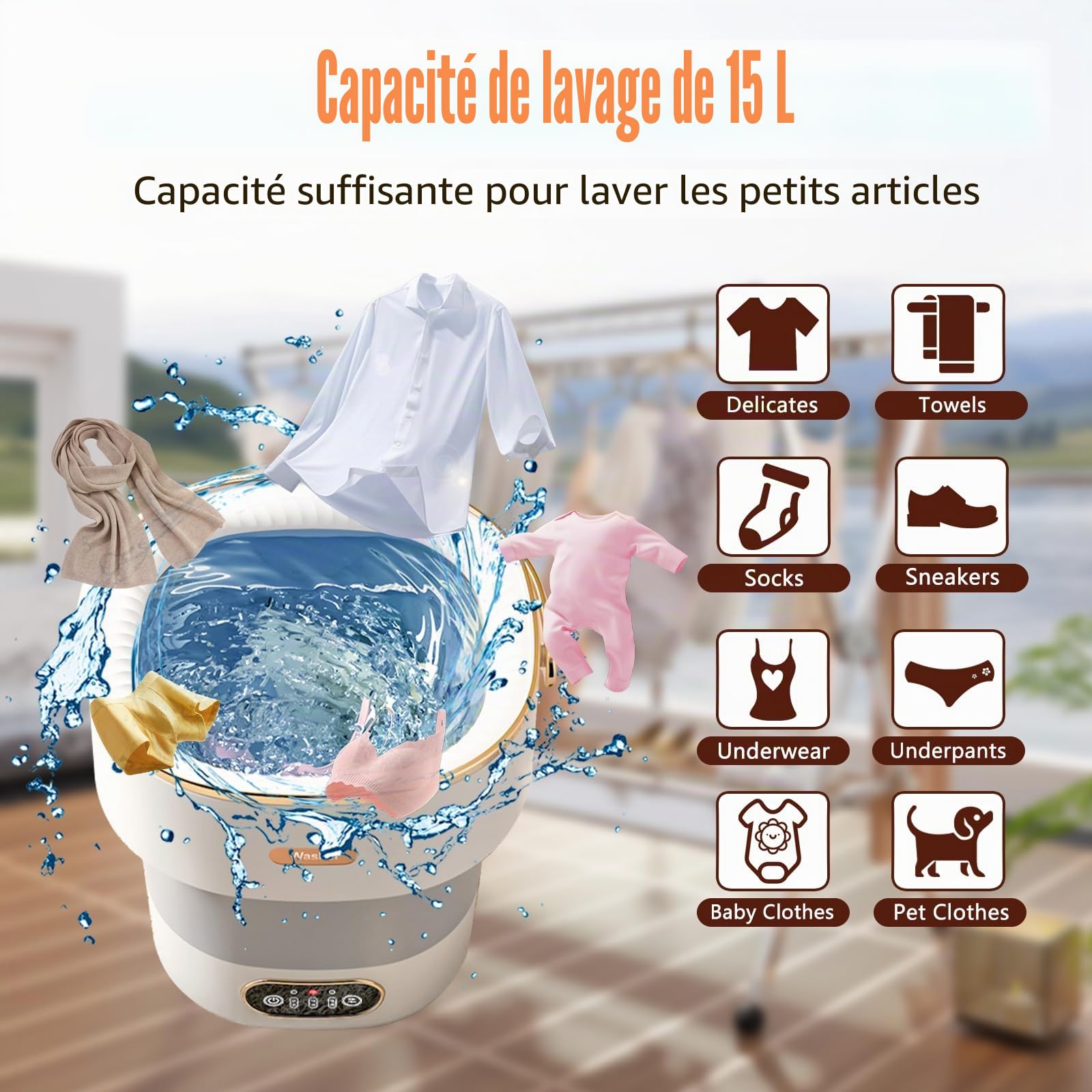 Machine à laver portable, mini laveuse pliable de 15 L avec 3 modes de nettoyage, panier de vidange, petite machine à linge pliable pour voyage, camping, dortoirs, camping-cars, appartements