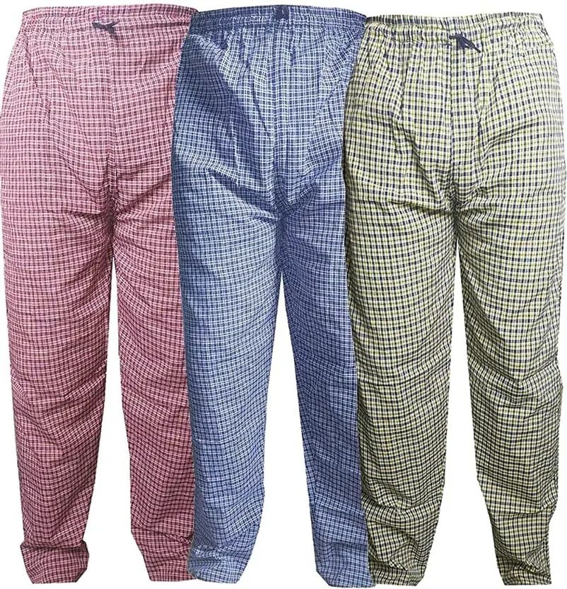 Men's Cotton Pyjama Pants, Checkered Pattern, Pack of 3, Pink Blue Green-image-46