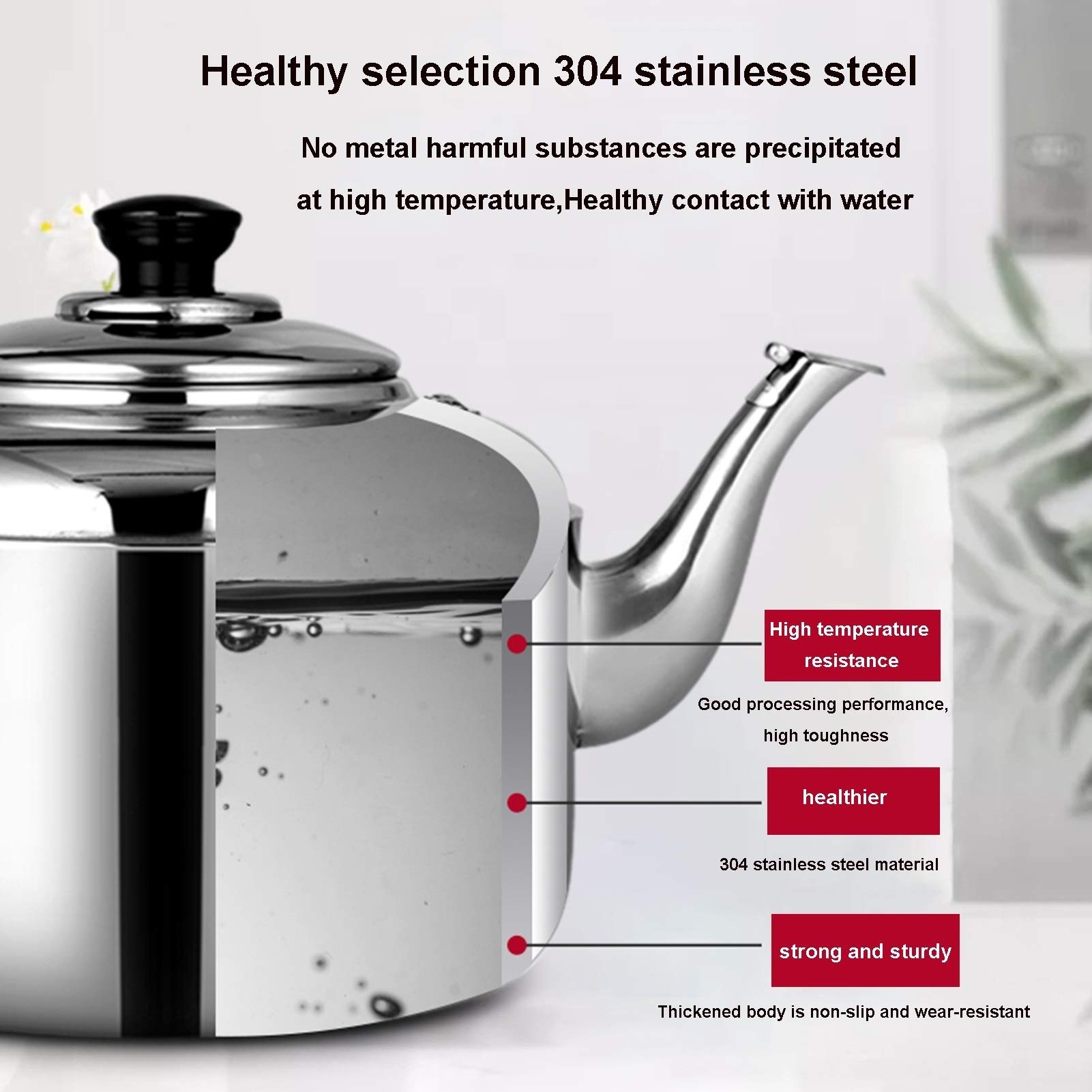 Tetera silbante, Acero Inoxidable, Apto para Uso alimentario, con asa ergonómica, Compatible con Todas Las Estufas Needed