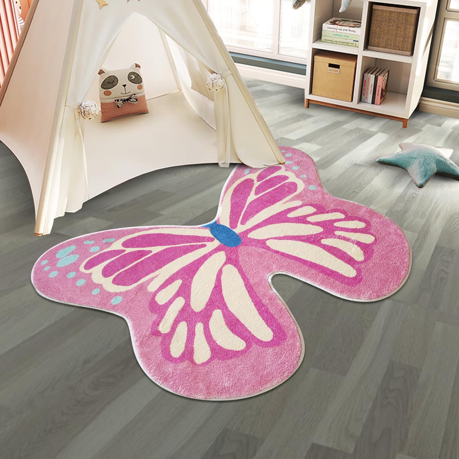 Butterfly Kids Rug for Girls Bedroom, Colorful Washable Nursery Rugs, Soft Area Rug Non Slip Play Mat Carpet for Playroom Kids Room, 35.4" x 47.2"-Pink