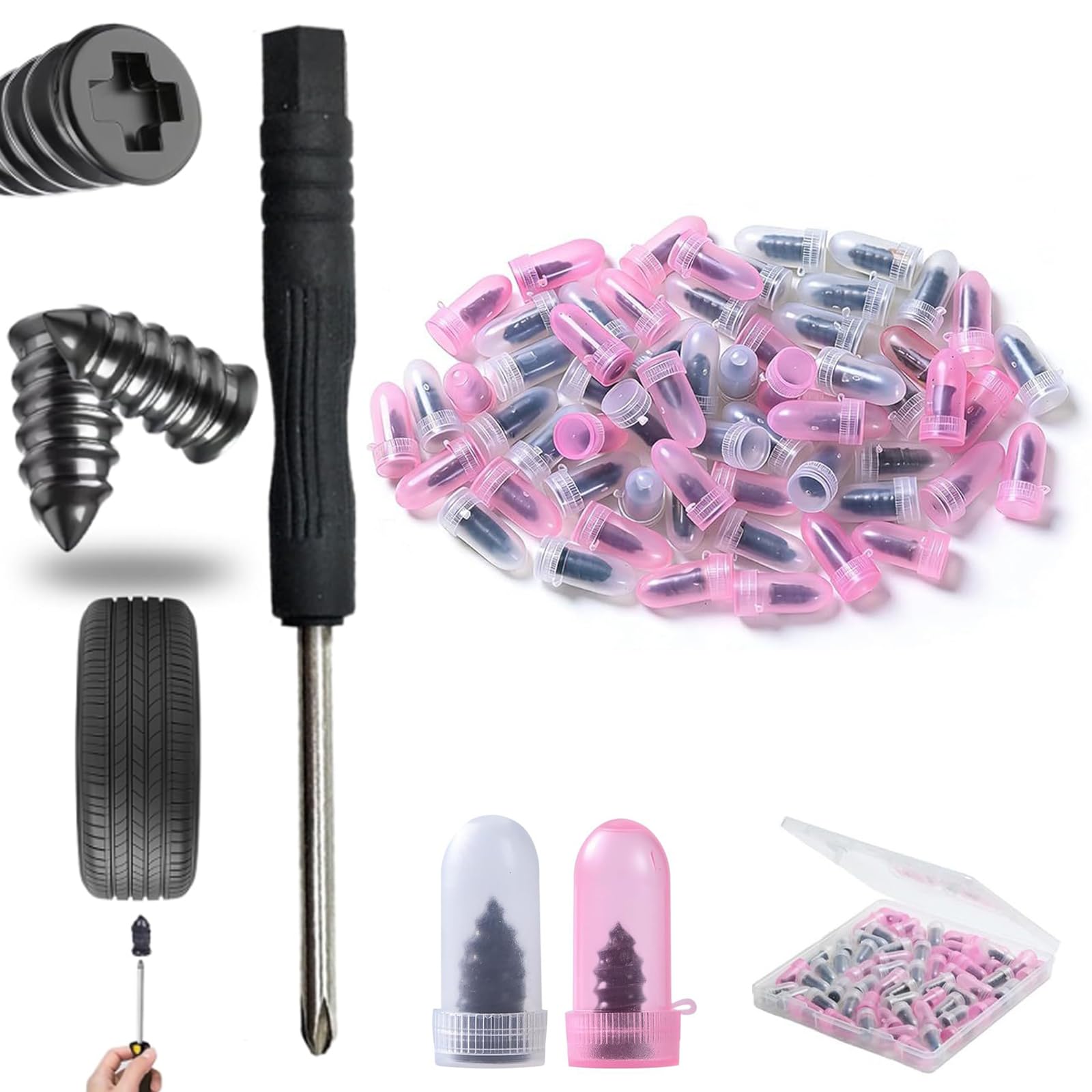 60ps Tyre Repair Screws with Screwdriver -Self-Service Car Tyre Puncture Repair Kit, Screw in Tire Plugs,Universal Emergency Tyres Repair Kit for Cars,Motorcycles,and Bicycles,(30 S & 30 L)